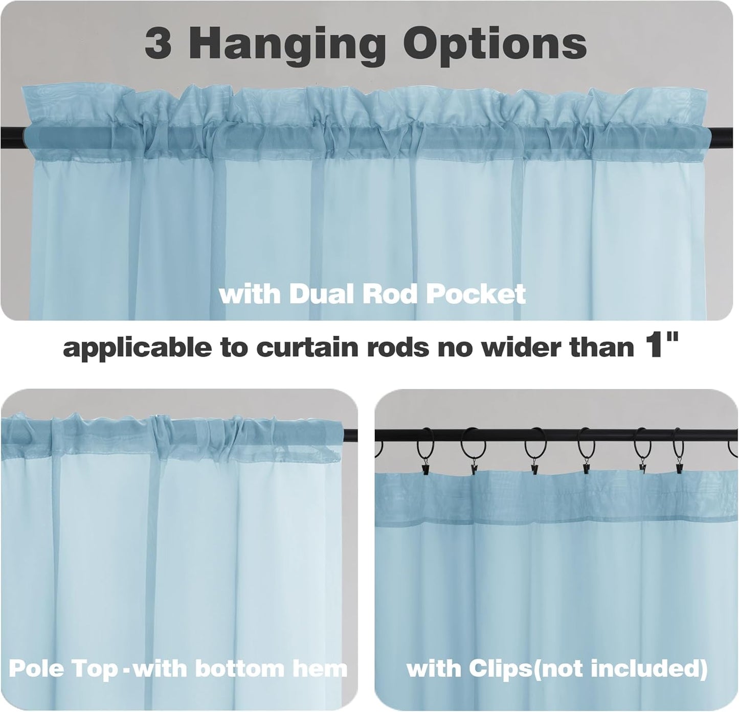 Chyhomenyc Sky Blue Sheer Curtains 36 inch Length 2 Panels, Light Filtering Voile Light Blue Short Window Curtians for Bathroom Living Room Farmhouse Small Windows, 42Wx36L inches