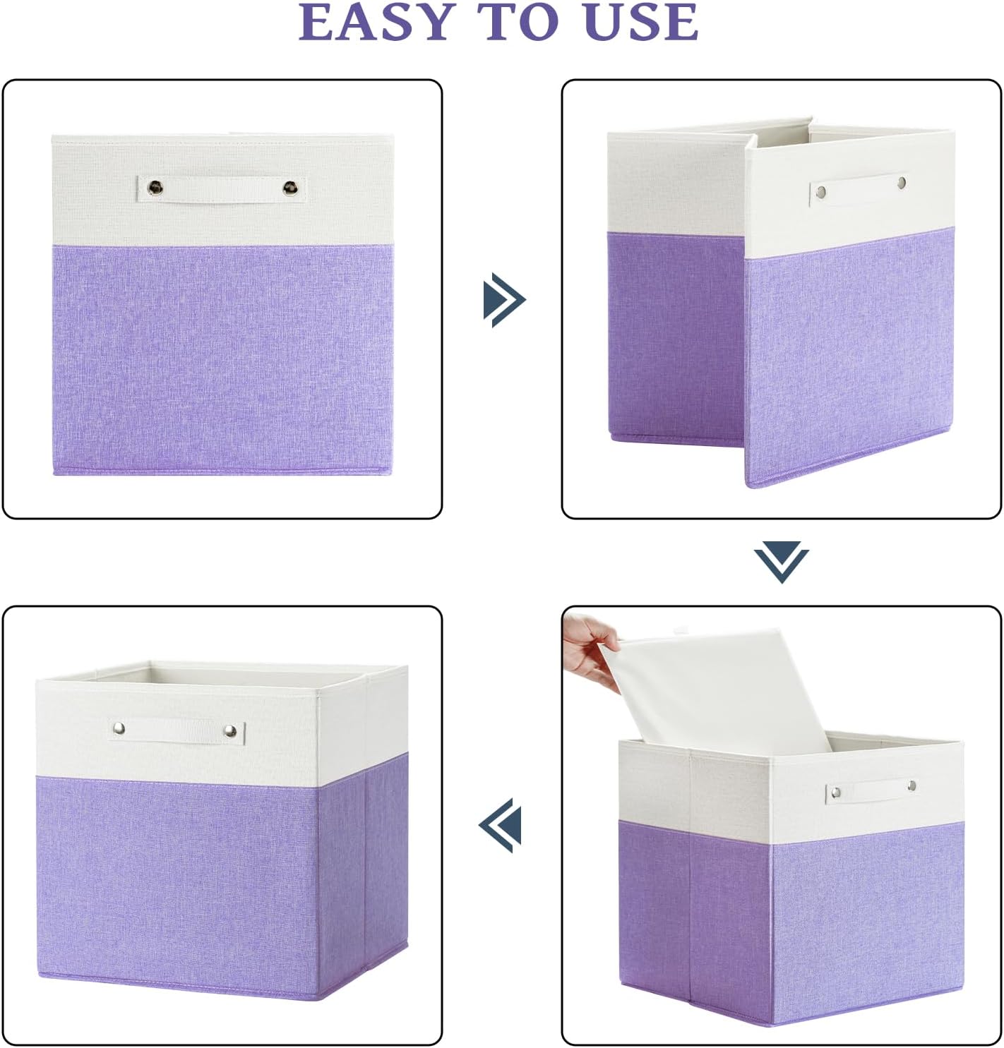 13 x 13 Inch Fine Linen Storage Bins with Handles，Fabric Cube Boxs，Collapsible Basket Organizers for Shelves for Home, Closet Drawers (White/Purple-4 Pack)