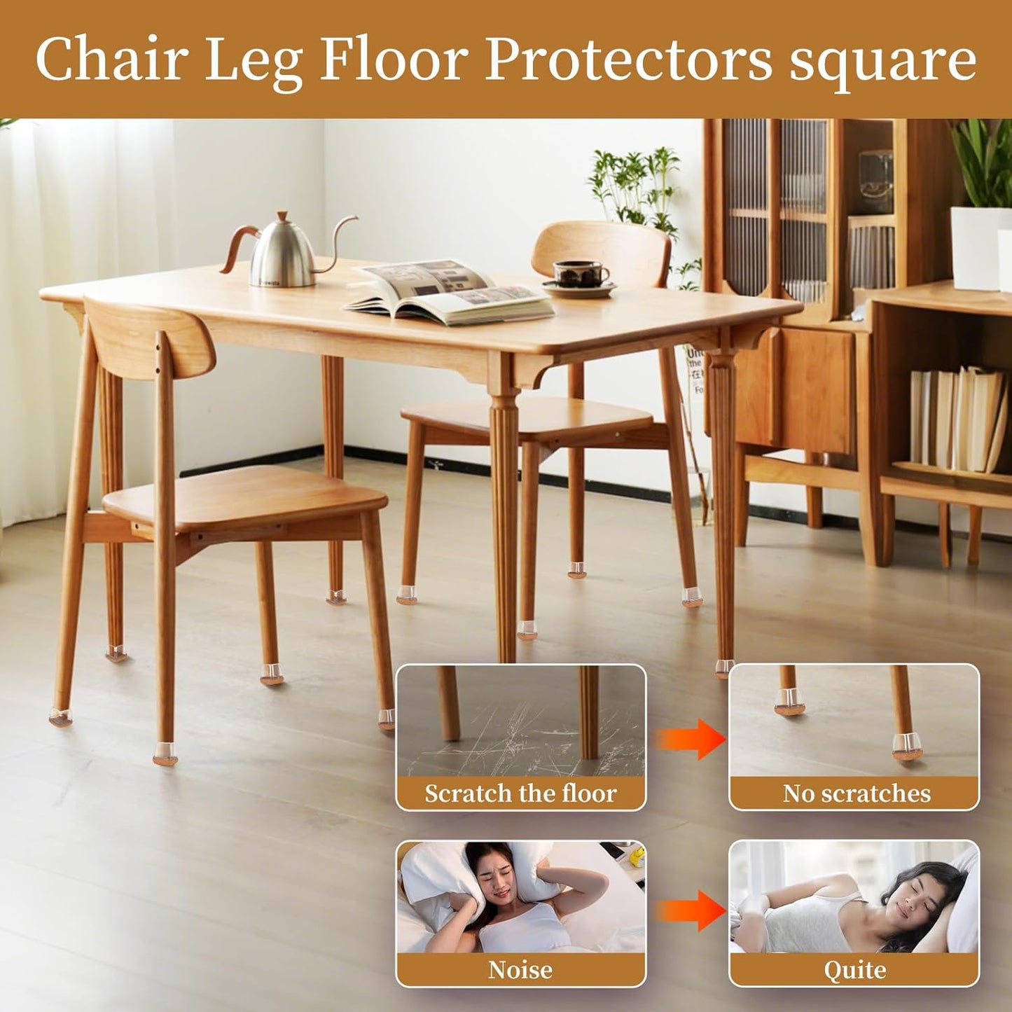 Square Chair Leg Floor Protectors Large 24Pcs,Silicone Chair Leg Protectors for Hardwood Floors/Tiles,Clear 360°Wrapped Felt Bottom to Prevent Scratch and Reduce Noise