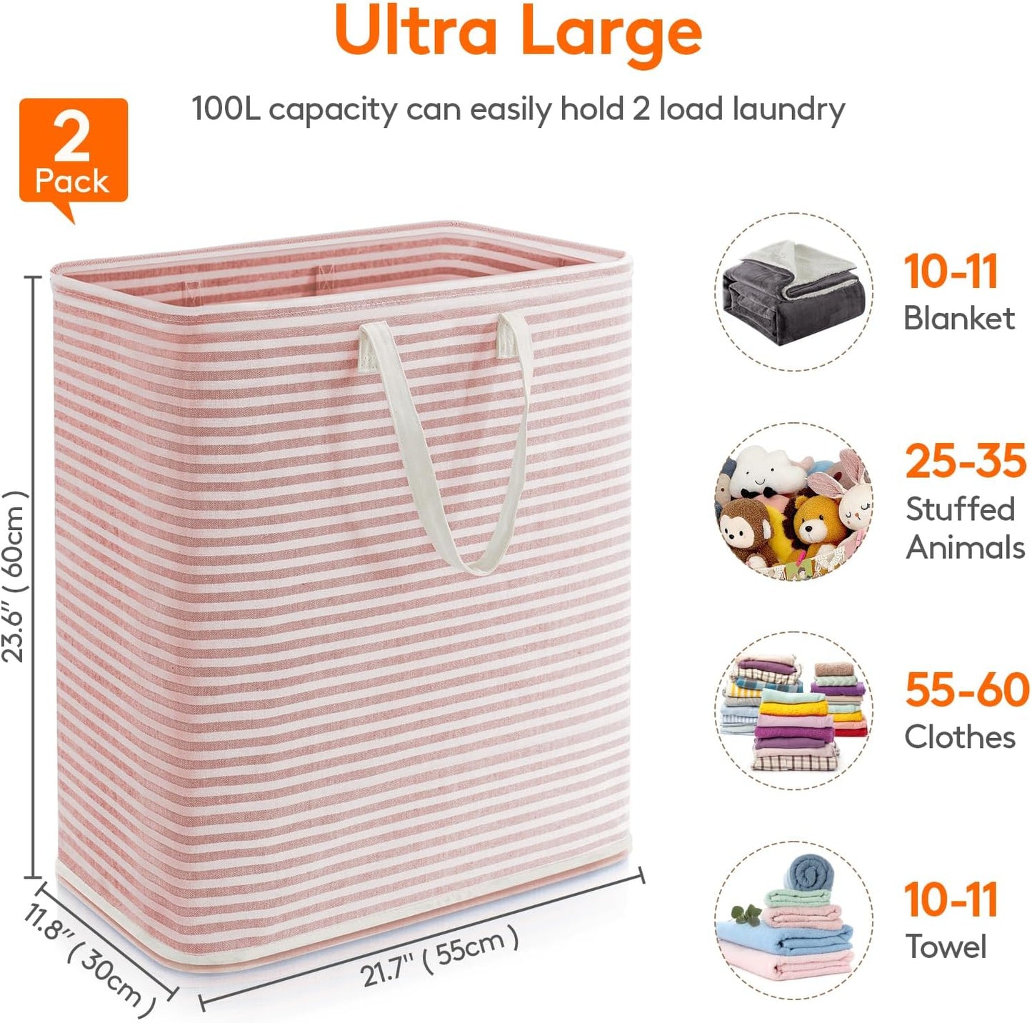 Lifewit 2 Pack Laundry Hamper Large Collapsible Laundry Basket, Freestanding Waterproof Cloth Hamper with Easy Carry Handles in Laundry Room Bedroom Bathroom Dorm for Adult, Gray&Pink, 2 x 100L