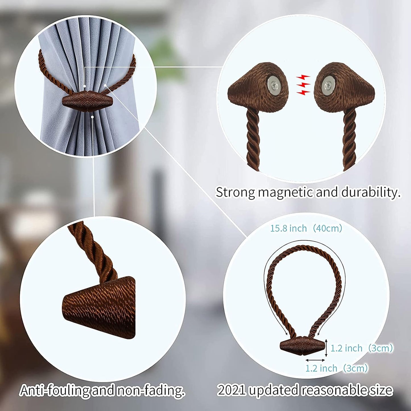 Hion Magnetic Curtain Tiebacks Dark Brown 2pcs, Curtain Tiebacks Buckles Holdbacks Holders Hooks Clip for Home Bedroom Office Decorative Curtain