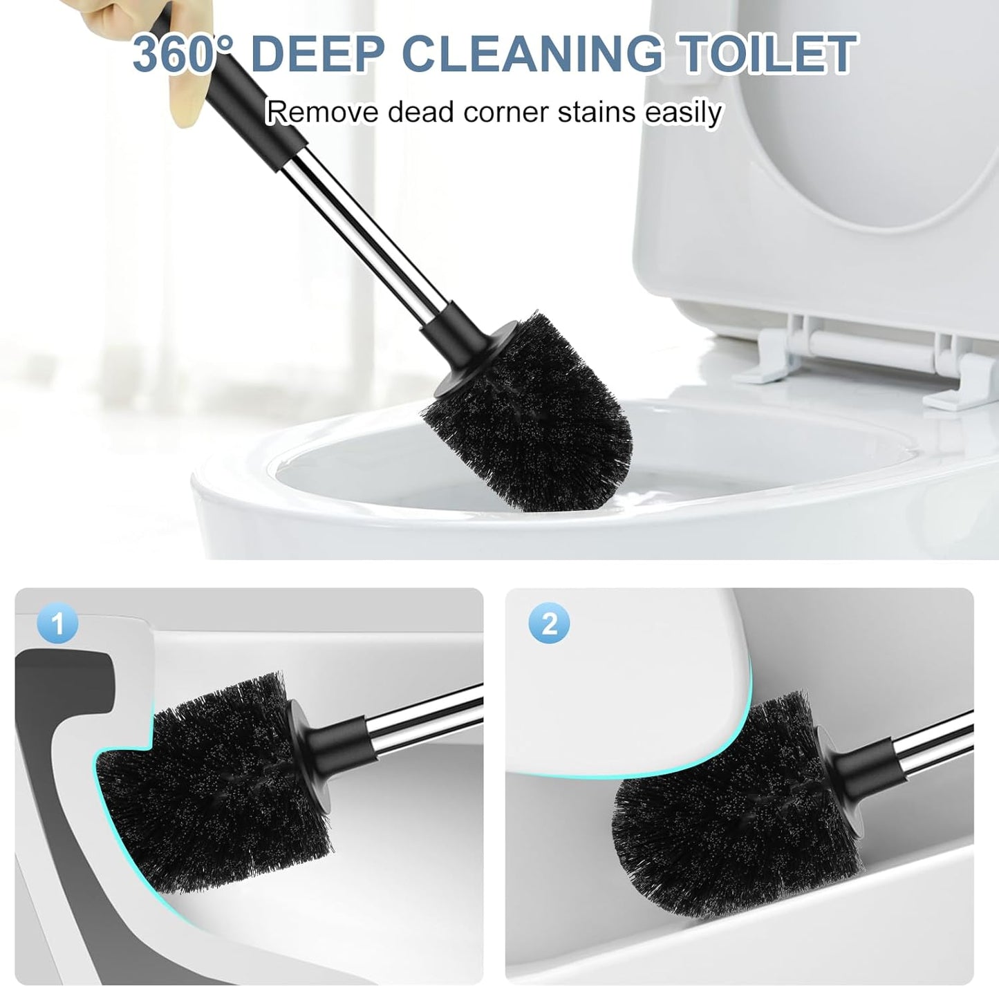SetSail Toilet Brush and Holder, Self Closing Lid Toilet Bowl Brushes Holder and Extra Long Handle Ventilated Toilet Brush Set for Bathroom Cleaning, Nylon Bristles, 2 Packs-Black