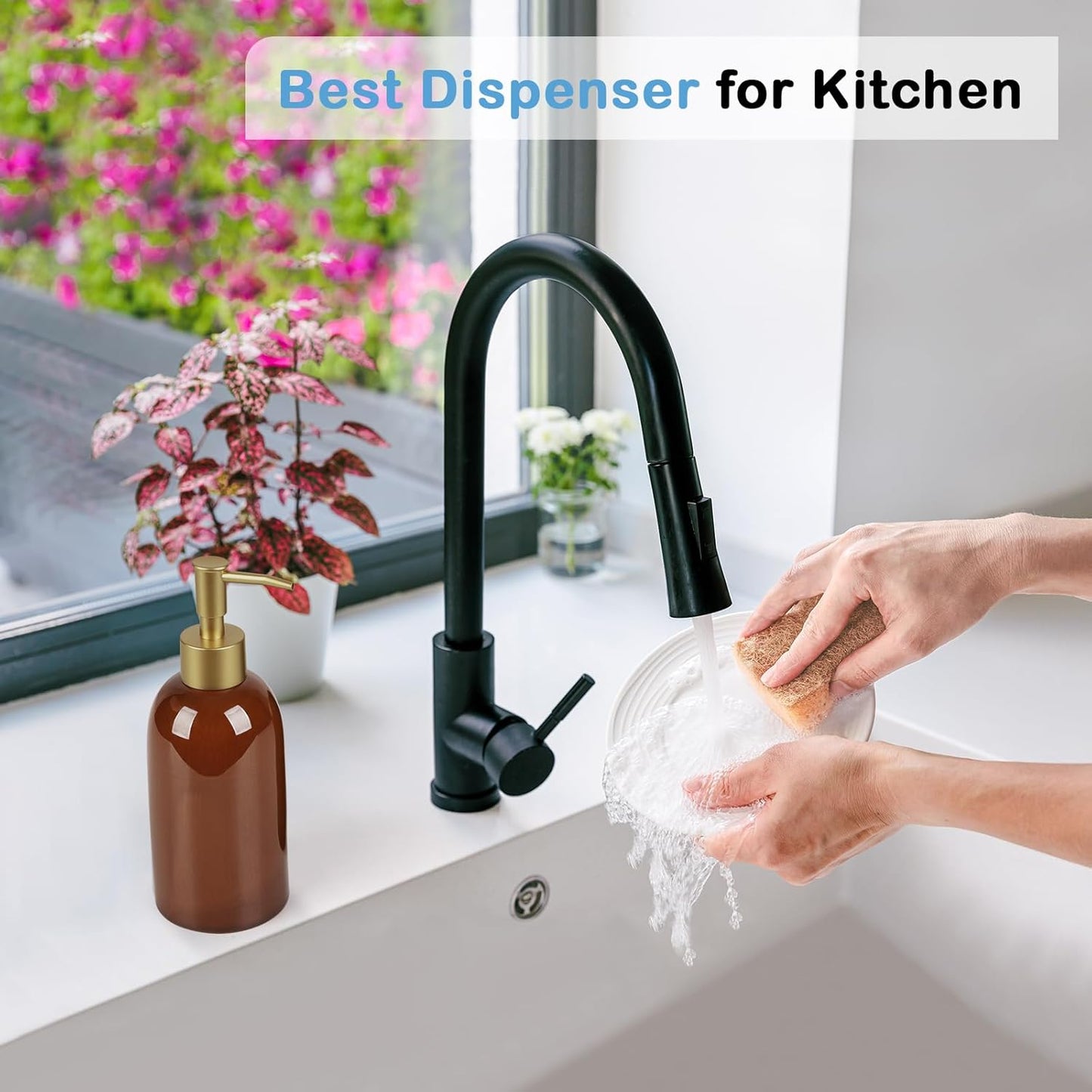 Natheeph 14OZ Ceramic Soap Dispenser Ceramic Soap Pump Dispenser Can Fill Liquid for Bathroom/Kitchen (Brown)