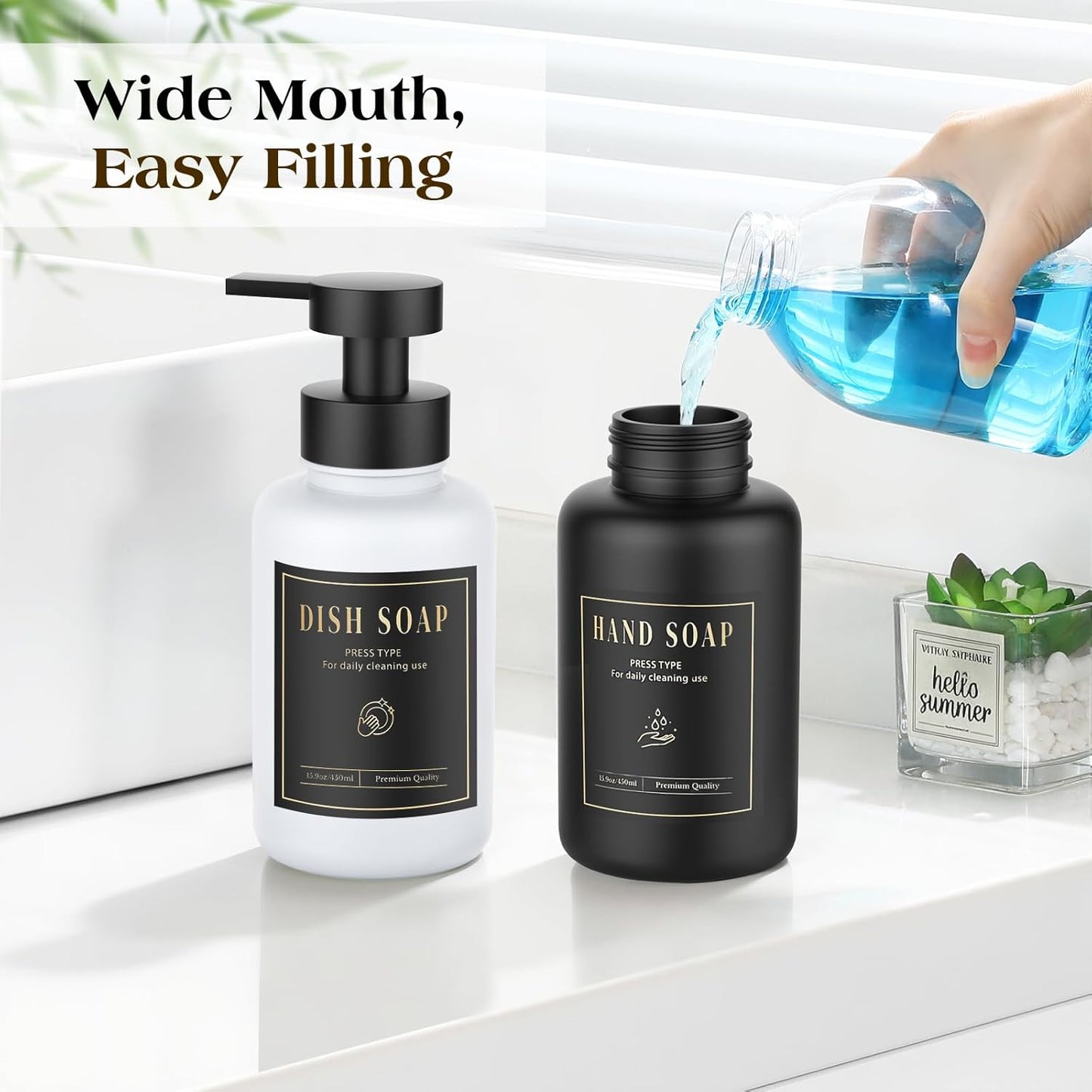 Luxspire Foaming Soap Dispenser, Glass Foam Pump Soap Dispenser, Non-Slip Silicone Sleeve & 5 Waterproof Labels, 15 Oz Refillable Liquid Bottle for Bathroom & Kitchen, Black+White, 2 Pack