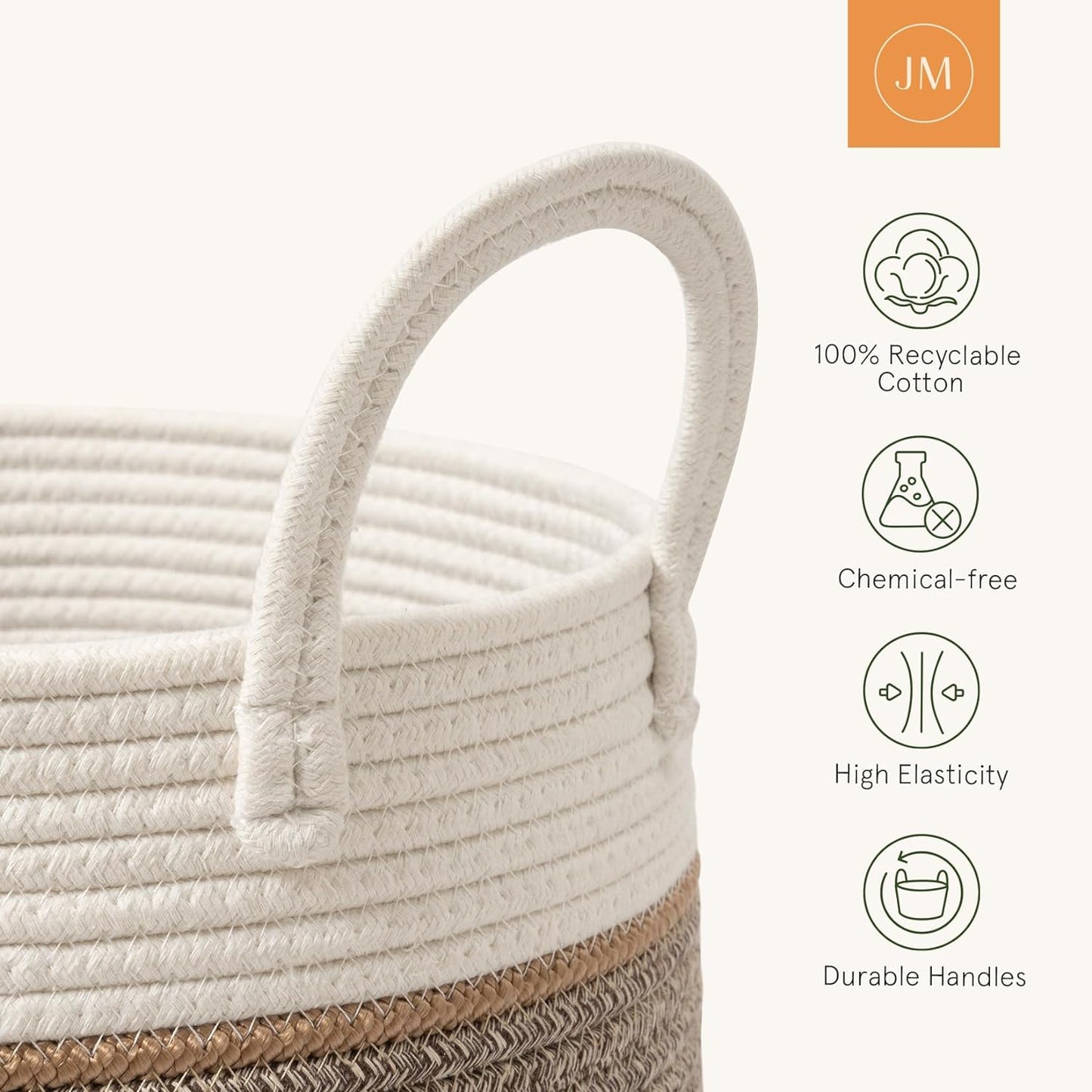 LA JOLIE MUSE Woven Basket Rope Storage Baskets - Large Cotton Organizer, Basket for Baby Blanket, Kids Toy Nursery Laundry Basket Mocha XL