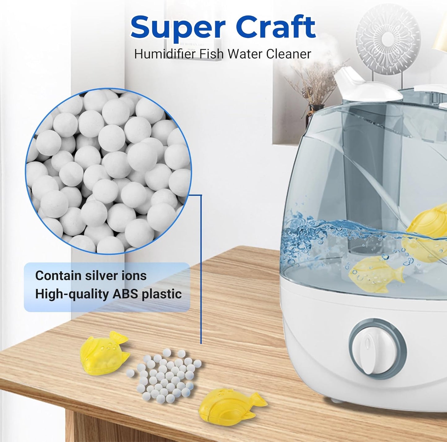 12 Pack Universal Humidifier Cleaner Fish Compatible with Almost All Humidifiers and Fish Tanks, Equipped with Silver Ion Filter Balls, Prevents Hard Water Build-Up, Reduces Scale, Yellow
