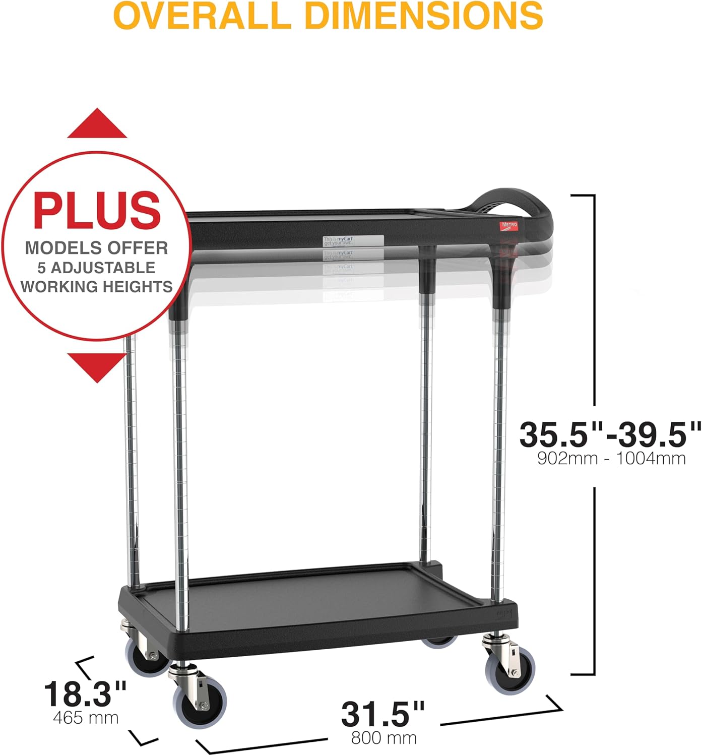 Metro myCart Plus Utility Cart - Choose-Your-Height Adjustable Heavy Duty Rolling Cart for Home, Commercial and Industrial Use - 2-Shelf, 300 lbs Capacity - 18.3" W x 31.5" L x 35.5-39.5" H - Black