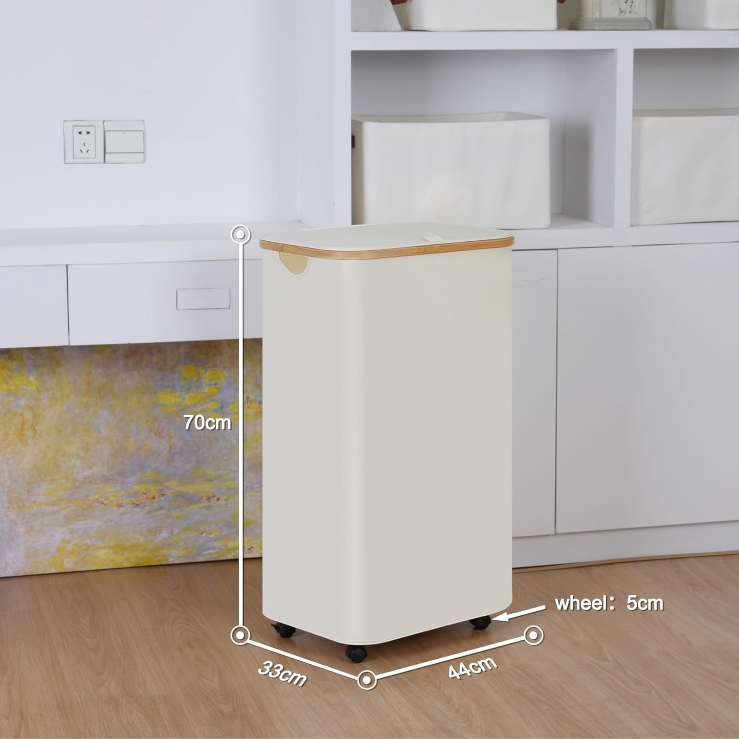 Laundry Basket with Wheels,100L Hampers for Laundry,Large Laundry Hamper with Lid and Bamboo Handles,Collapsible & Waterproof Tall Cloth Hamper for Dormitory Family，Beige