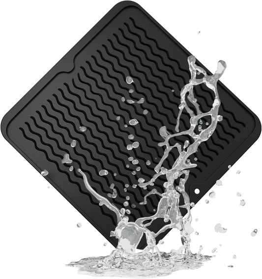 ZLR Silicone Dish Drying Mat for Kitchen Counter, Eco-Friendly Fast Dry Dish Mat, Easy Clean Multi Usage Drying Matt, Heat Resistant Trivet, 12" x 12" Middle, Black