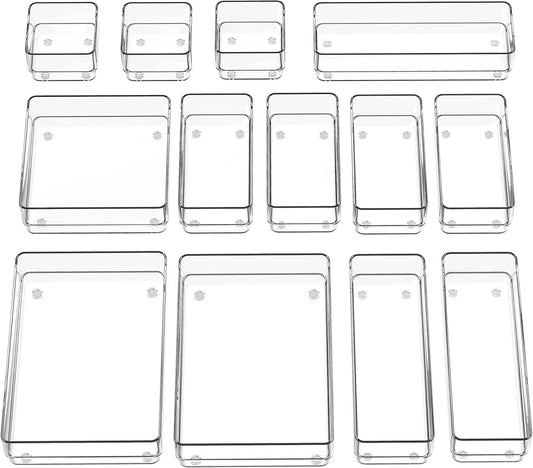 SMARTAKE 13-Piece Drawer Organizer with Non-Slip Silicone Pads, 5-Size Desk Drawer Organizer Trays Storage Tray for Makeup, Jewelries, Utensils in Bedroom Dresser, Office and Kitchen (Clear)
