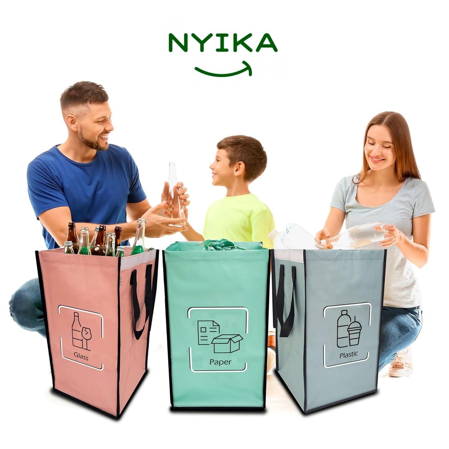 NYIKA - Recycling Organizer - Reusable Recycling Bags - Recycling Sorter - Trash Sorting Bins - 3 Compartment Recycle - Pack of 3 Bags with Lid (Mediterranean)
