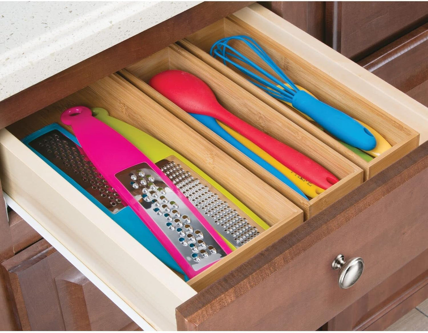 mDesign Wooden Bamboo Drawer Organizer - 15" Long Stackable Storage Box Tray for Kitchen Drawers/Cabinet - Utensil, Silverware, Spatula, and Flatware Holder - Echo Collection - 2 Pack, Natural Wood
