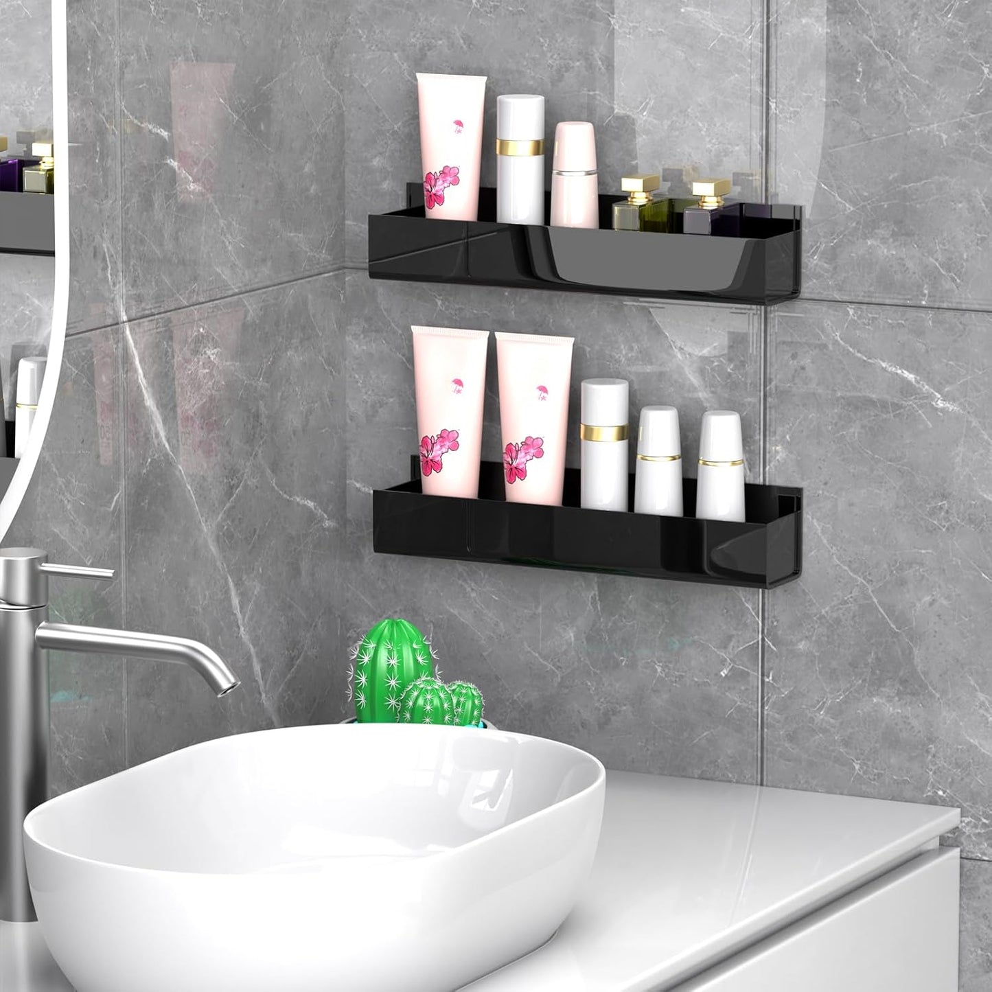 PMMASTO Adhesive Acrylic Spice Rack Organizer for Wall with Nano Double Sided Tape, Spice Shelf Organization for Kitchen Cabinet Door/Pantry Door, Wall Mount Seasoning Rack (Black-2 Pack)