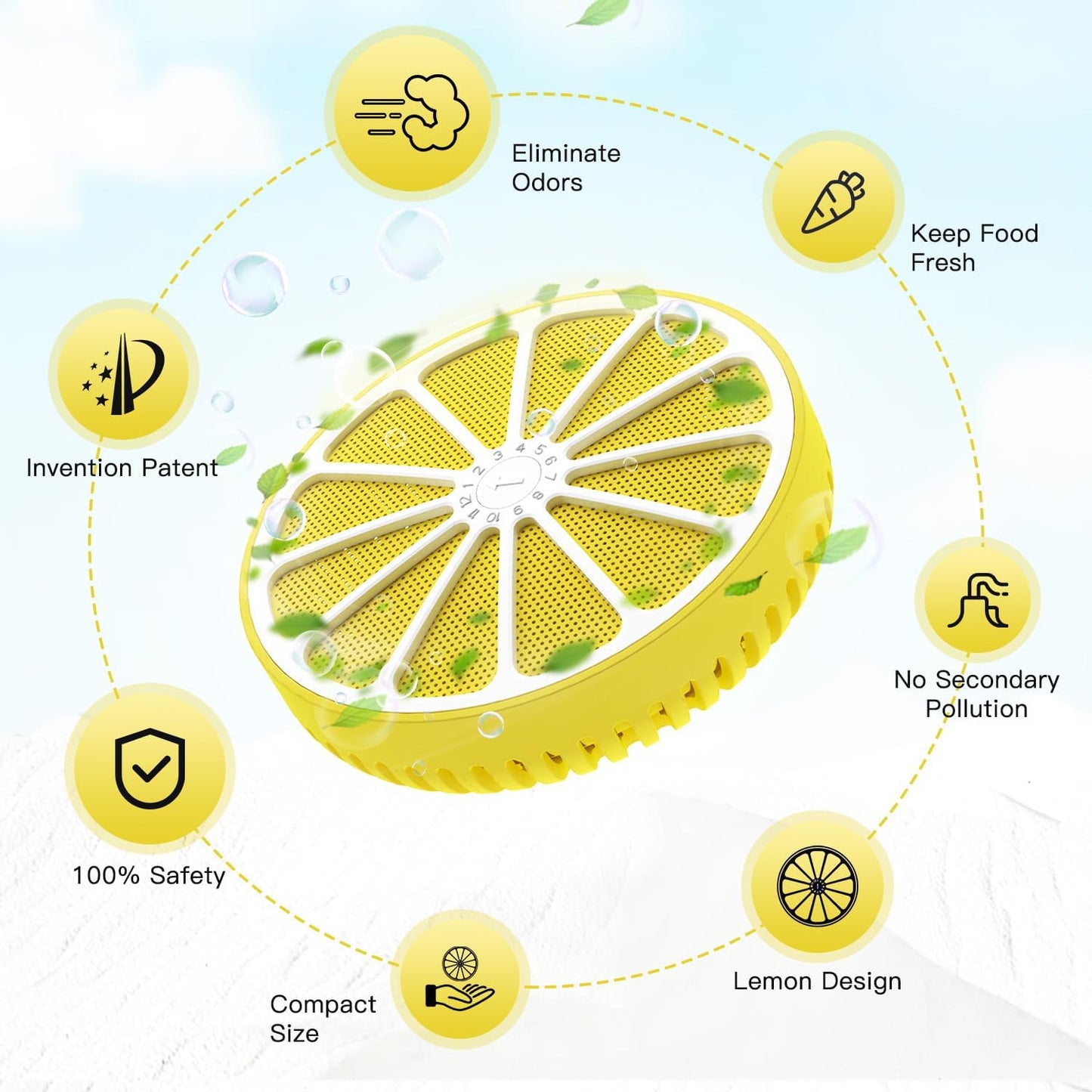 Refrigerator Deodorizer for Kitchen & Small Spaces, 2 Years Fresh Odor Eliminator for Fridge with AOP-KF Solid Alkali Tech, Lemon Design & Adjustable Clip Design (2.7"/50g)