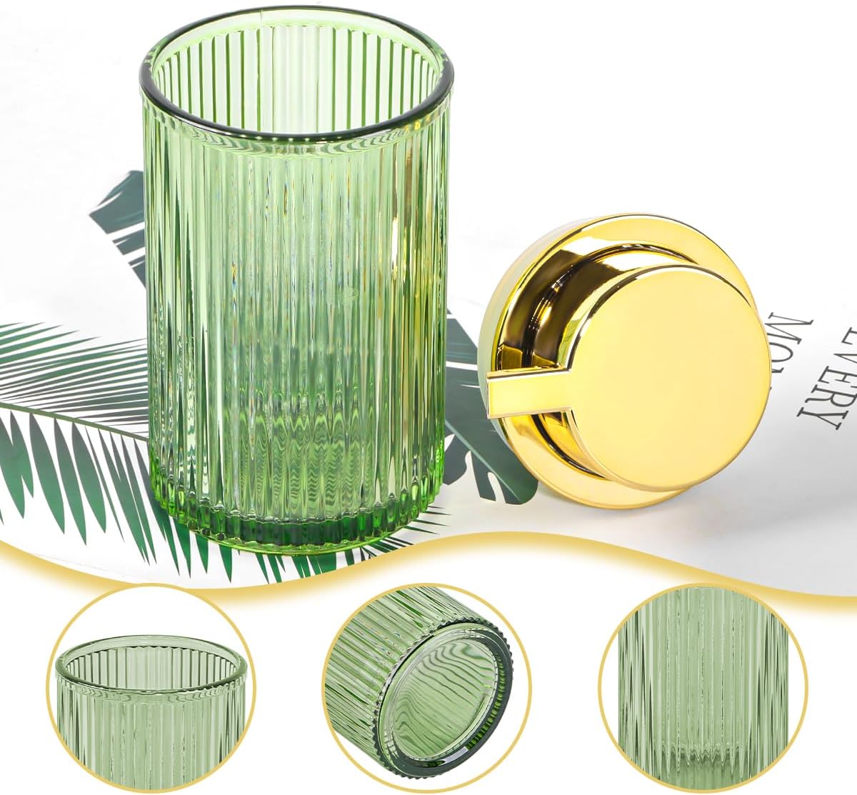 Green Foaming Soap Dispenser, Glass Foam Hand Soap Dispenser with Gold Pump, 12 Oz Bathroom Refillable Liquid Lotion Pump Ribbed Bottle Container for Kitchen Countertop Decor, 1pc