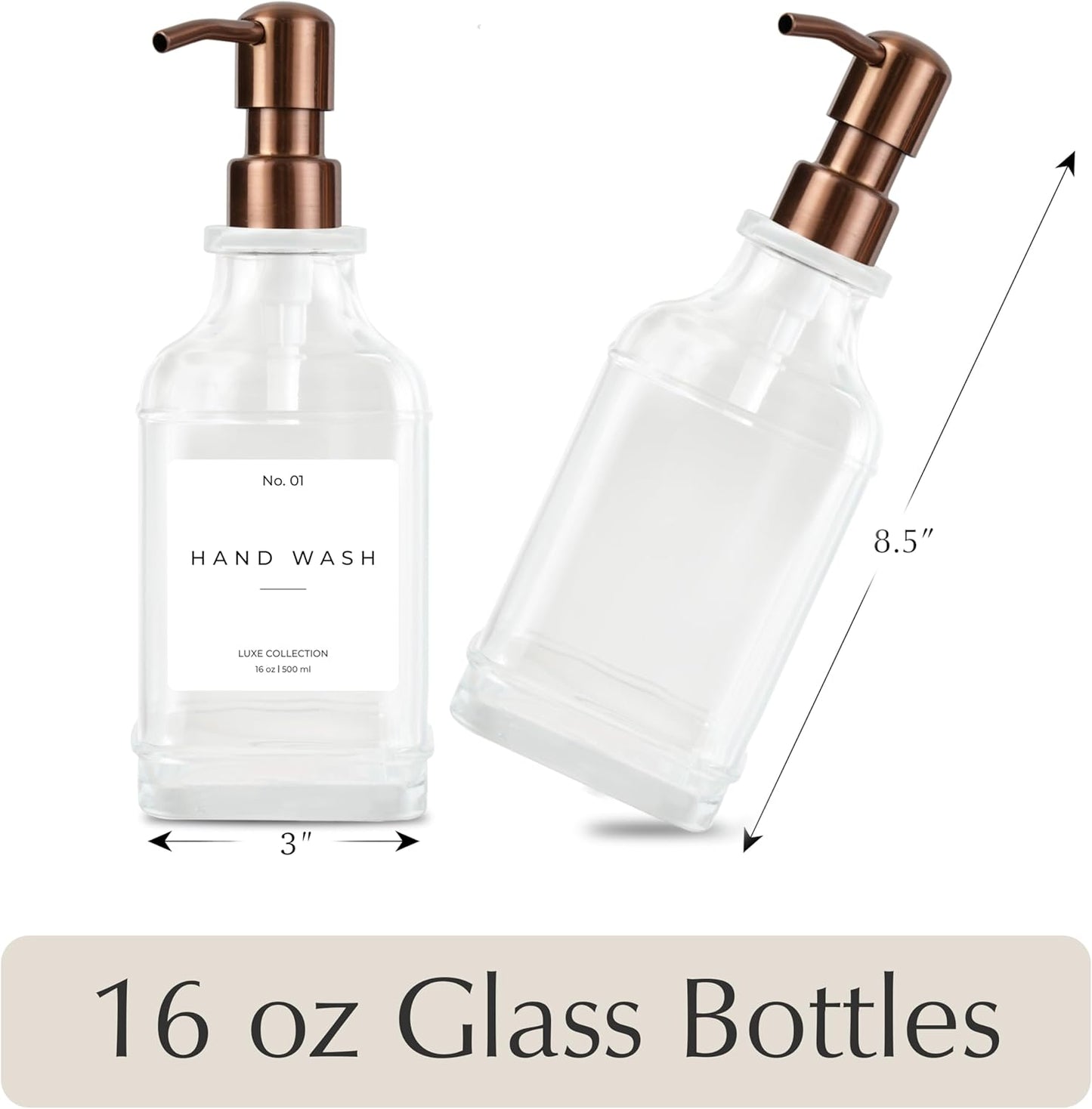 Emerson Essentials Soap Dispenser, Dish Soap Dispenser, Soap Bottle Bathroom Set, Farmhouse Stainless Steel, Kitchen Soap Dispenser Set - Glass Soap Dispenser with Pump and Labels, 16 Oz, 2 Pack