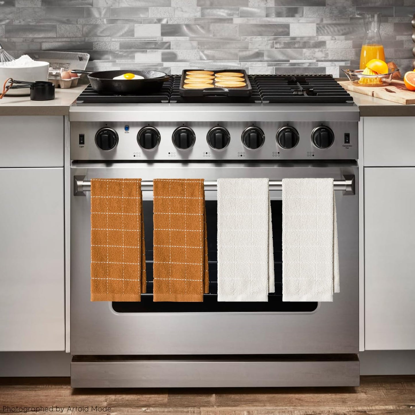 Artoid Mode Checkered Designed Cotton Beige Caramel Terry Kitchen Dish Towels, 15x25 Inch Soft Absorbent Quick Drying Cleaning Tea Towels Set of 4