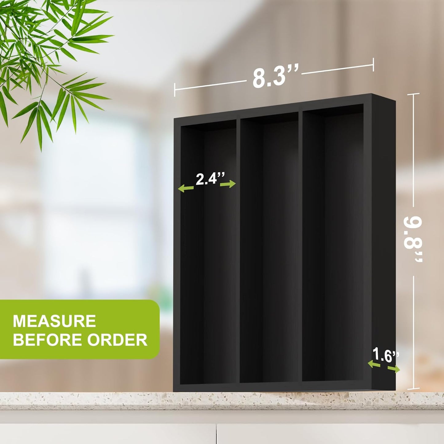 Bamboo Utensil Drawer Organizer, Silverware Tray Organizer, Kitchen Drawer Organizer for Flatware Cutlery (Black, 3 Slots)