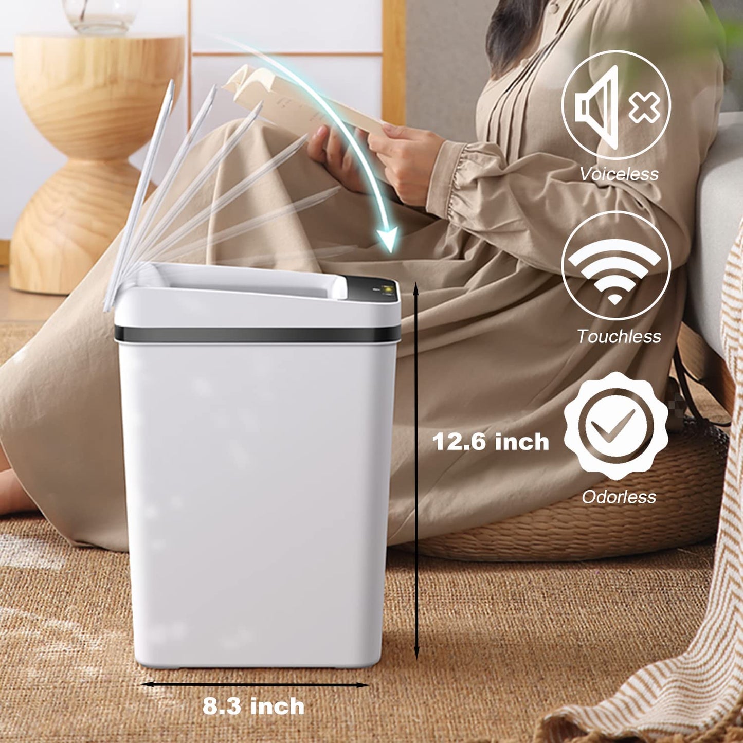 Yatmung 2.5 Gallon Smart Trash Can Sensor Motion - Touchless Bathroom Trash Can - Skinny Trash Bin with Lid - Electric, Narrow, Plastic, Auto Open - Small Slim Automatic Garbage Can (White)