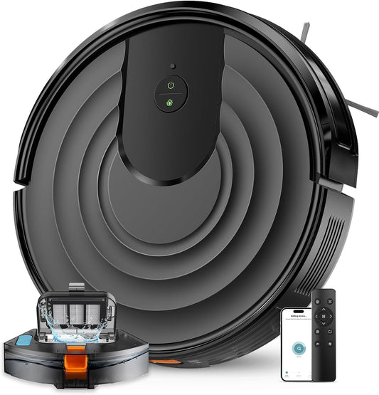 Robot Vacuum and Mop Combo, Robotic Vacuum Cleaner 5000Pa Strong Suction 130 Mins Runtime, Slim, Low Noise, Automatic Self-Charging, Wi-Fi/App/Alexa Control, Ideal for Hard Floor, Carpet, Pet Hair