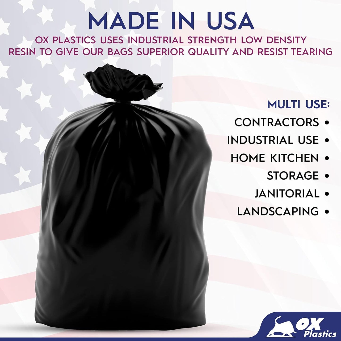 Ox Plastics 60 Gallon Trash Can Liners Bags - 35 Count Capacity & 4mil Thick Extra Heavy Duty Strength -Large Garbage, Leak-Proof & Durable Bag Black