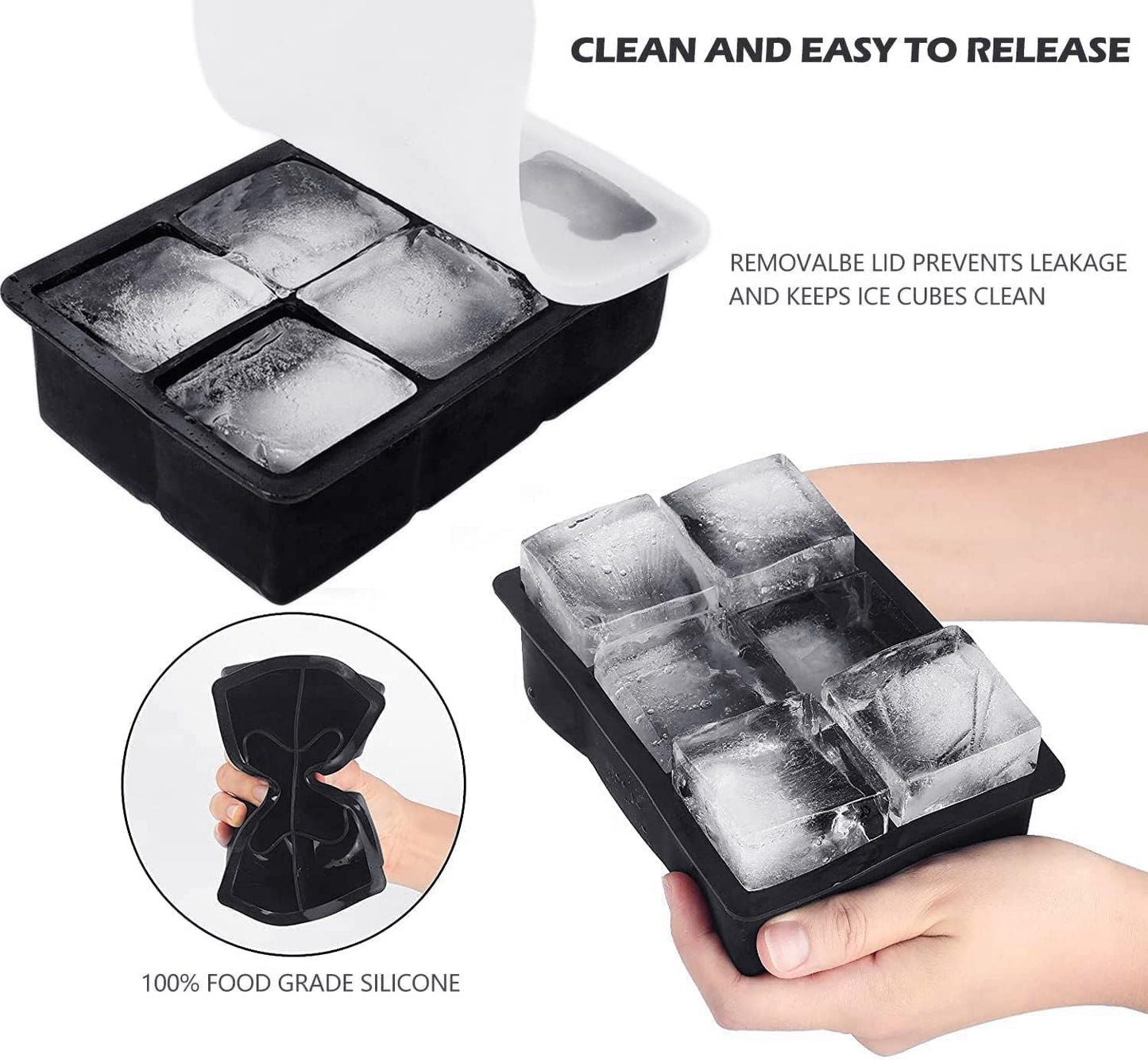 HONYAO Whiskey Cocktail Ice Mold, Easy Fill and Release Silicone Round Ice Ball Maker Mold Large Square Ice Cube Tray with Lid - 6 Ice Balls + 6 Ice Cubes Black