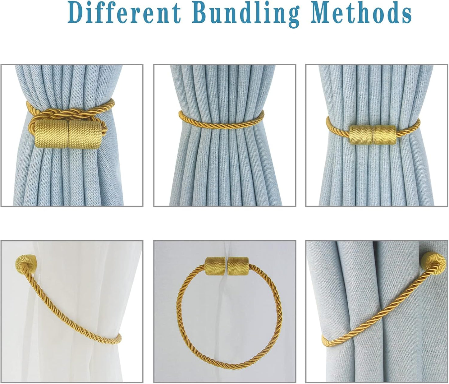 Magnetic Curtain Tiebacks 2 Pack Gold Curtain Rope Tieback Curtain Holders for Drapes Modern Tie Backs Decorative Curtain Holdbacks