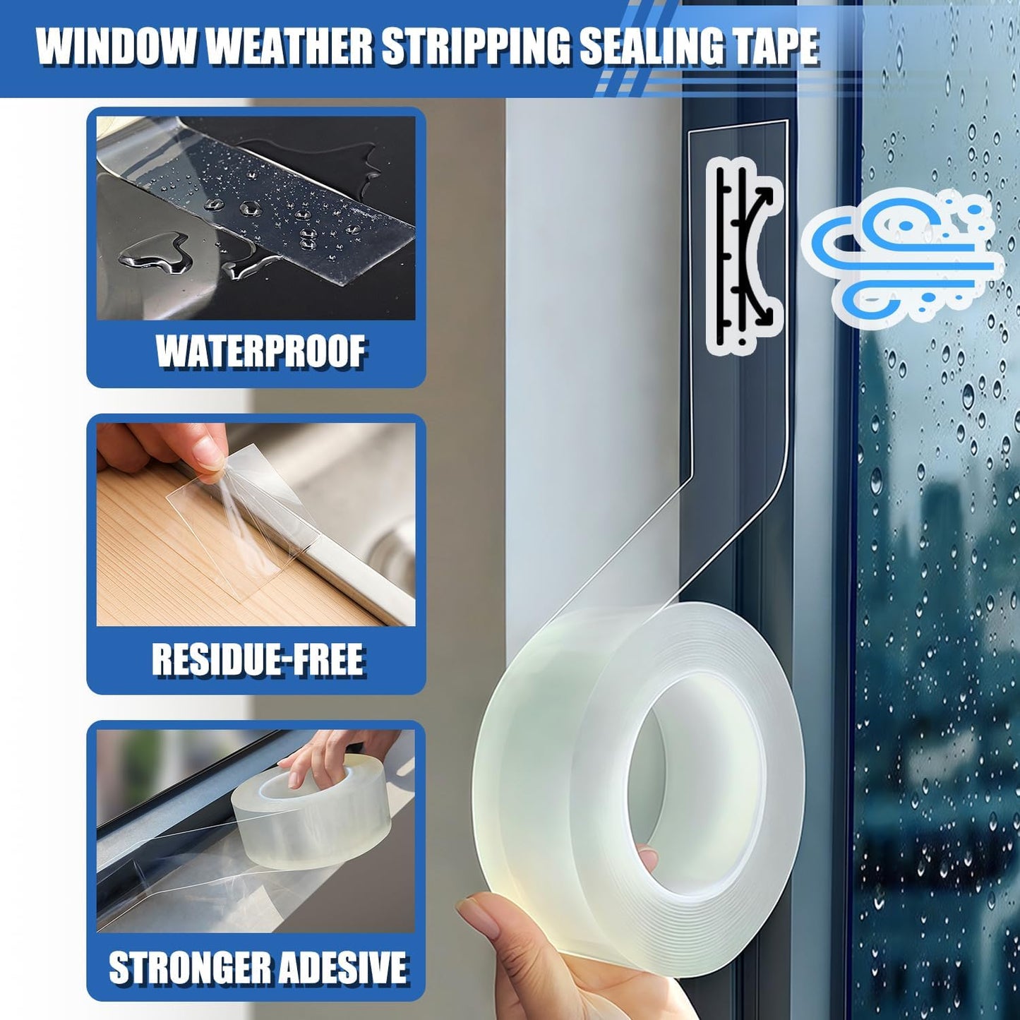 Window Weather Sealing Tape 3 in x 33 FT Weather Stripping Weatherproof Draft Stopper Clear Window Insulation Tape for Doors Windows Garages RVs Energy Saving Kit