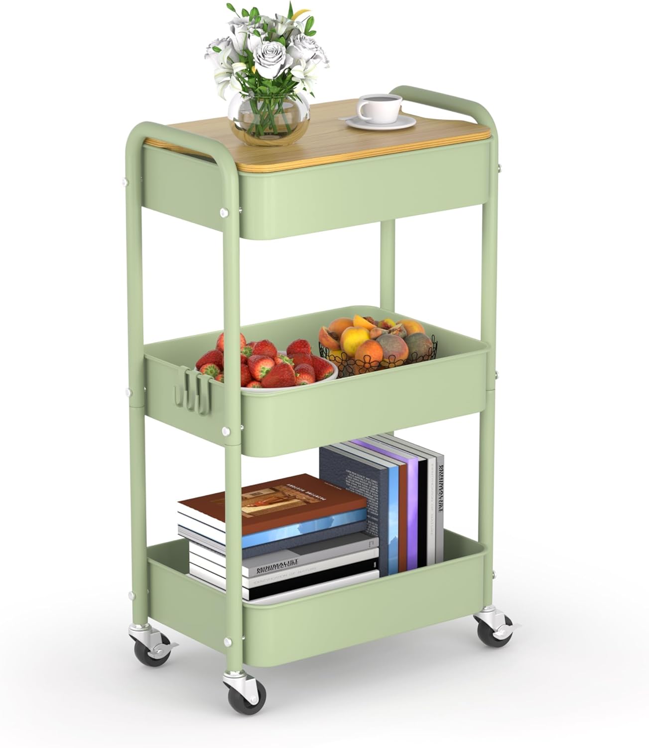 3 Tier Metal Utility Cart, Rolling Storage Cart with Wooden Tabletop, Metal Organizer Cart with Lockable Wheels for Office, Bedroom, Kitchen and Living Room (Green)
