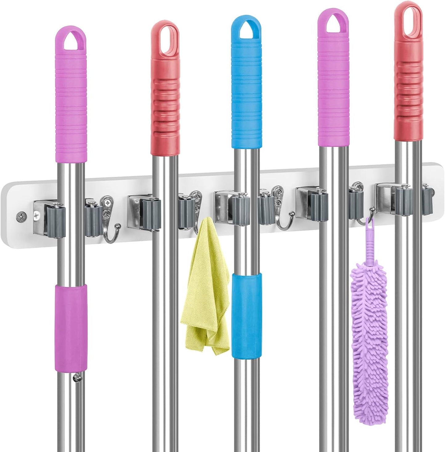 IMILLET Broom Holder Wall Mount, Wood Broom Holder with 5 Racks and 4 Hooks Broom Organizer, Laundry Room Organization and Storage, Mop Hanger for Home Organization, Garden, Garage, Closet (White)