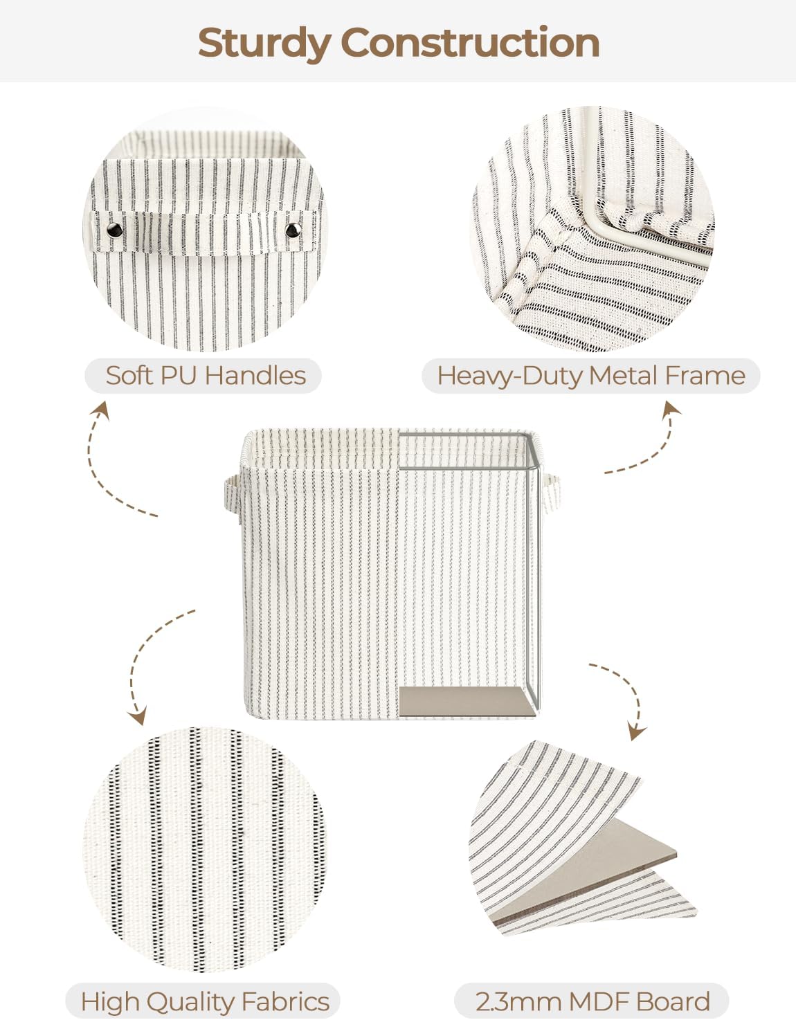 StorageWorks Narrow Storage Bins, Small Basket for Closet and Shelves, Rectangular Fabric Organizer with Handles, Toilet Paper Storage, Khaki and Beige Stripes, 2-Pack