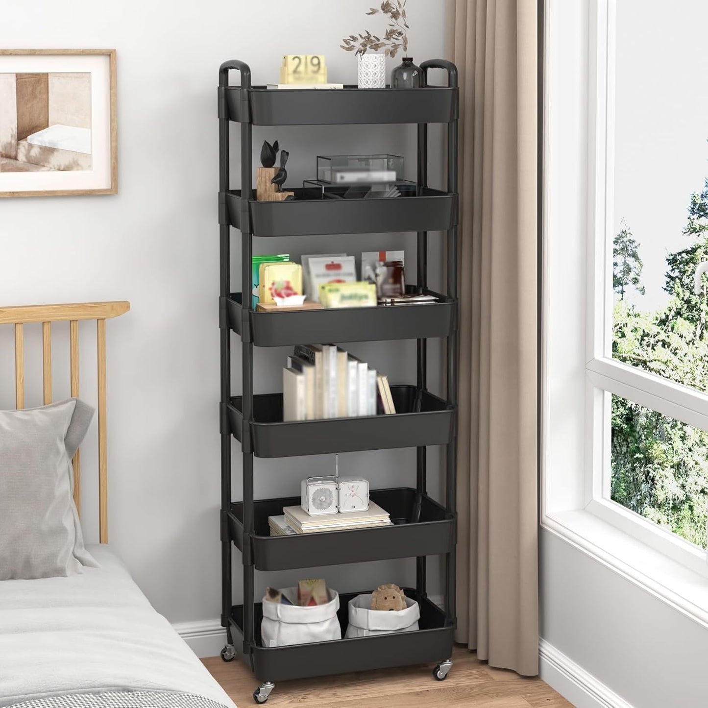 Sywhitta 6-Tier Plastic Rolling Utility Cart with Handle, Multi-Functional Storage Trolley for Office, Living Room, Kitchen, Movable Storage Organizer with Wheels, Black