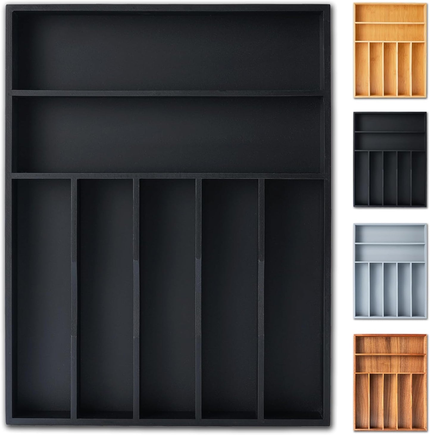 Silverware Organizer, 12.5 Inch Utensil Organizer Kitchen Drawer Organizer Bamboo Silverware Holder Cutlery Tray Organizer in Drawer Flatware Organizer Tray(7 slots, Black）