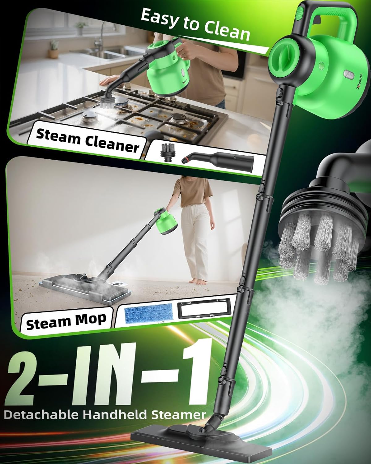 Steam Mop - Detachable Handheld Steam Cleaner & Floor Steamer with 12 Accessories, Multi-Purpose Powerful Steamer for Home Cleaning, Floors, Windows, Furniture, Tiles & Grout