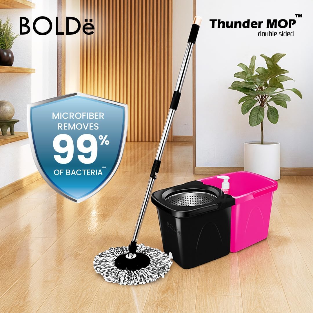 Thunder Mop Spin System - 2 Compact Stackable 6L Buckets, Microfiber Head, Stainless Steel Wringer, Antifungal Quick-Dry Cleaning, Soap Dispenser, 3 Free Refills (Yellow/Blue)