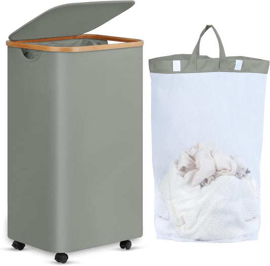 efluky Laundry Basket with Wheels, Tall Rolling Laundry Hamper with Lid and Removable Bag, Aesthetic Dirty Clothes Hamper on Wheels for Laundry Room, Bedroom, Dorm and Bathroom, 100L Grey