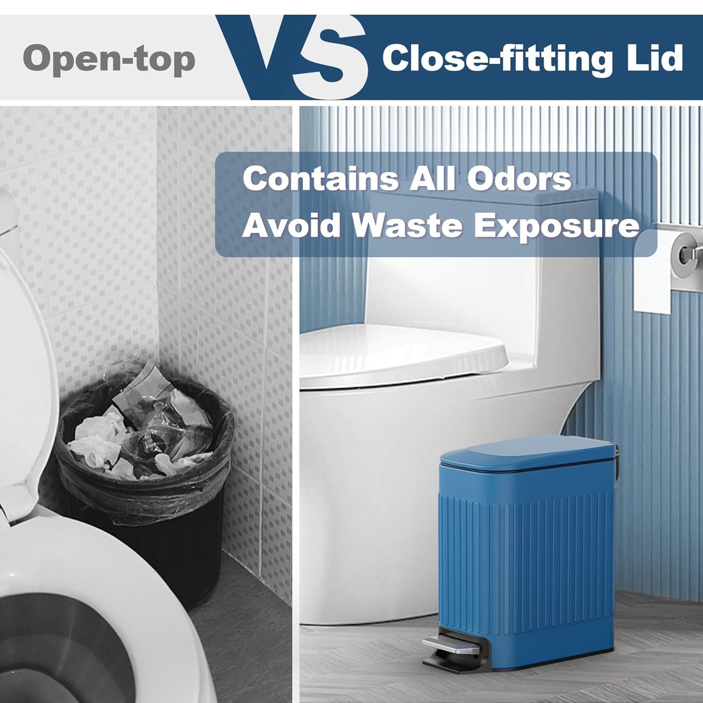 TrashAid Slim Bathroom Trash Can with Lid Soft Close, 6 Liter/1.6 Gallon Stainless Steel Small Garbage Can with Removable Inner Bucket, Step Pedal, Slim Wastebasket for Toilet, Office, Bedroom, Blue