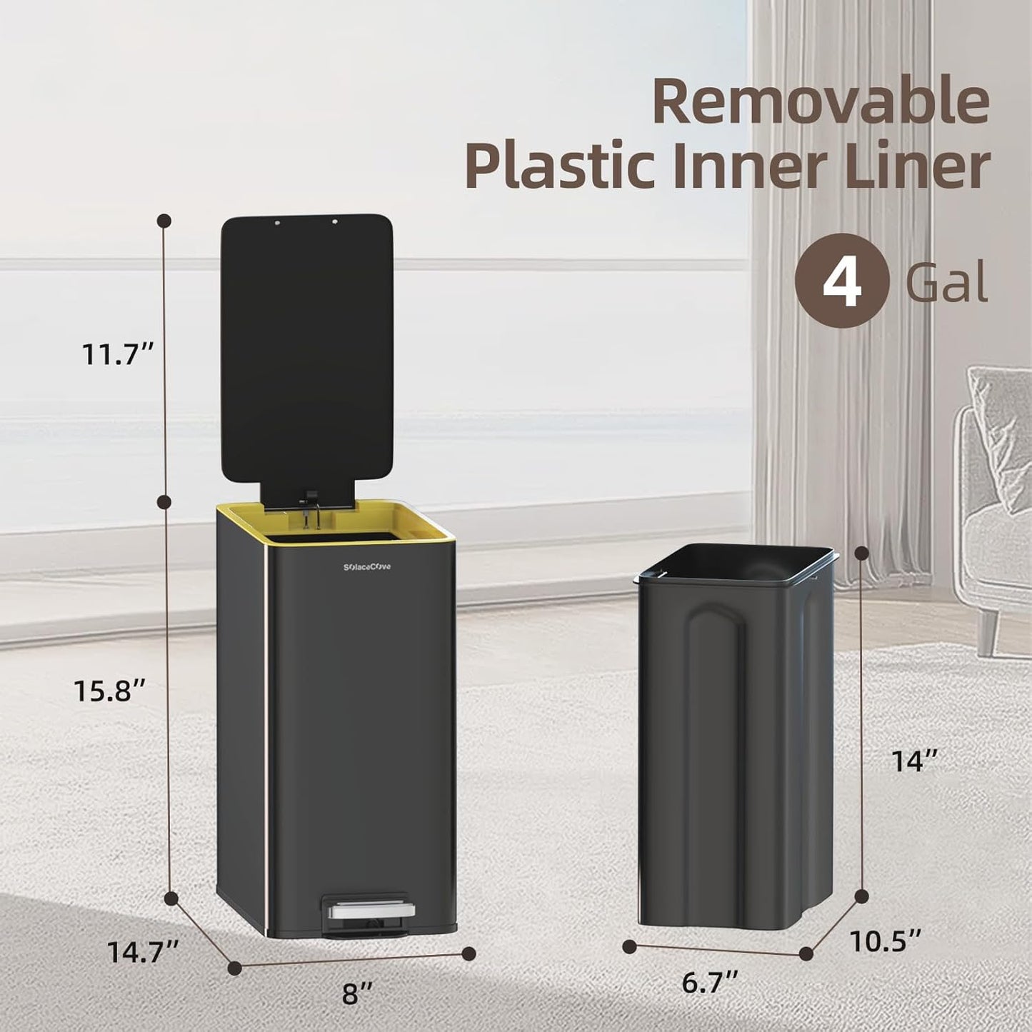 Stainless Steel Trash Can with Soft Close Lid,15 Liter/4 Gallon Garbage Can Kitchen Removable Wastebasket, Rectangular for Bathroom, Office (Black)