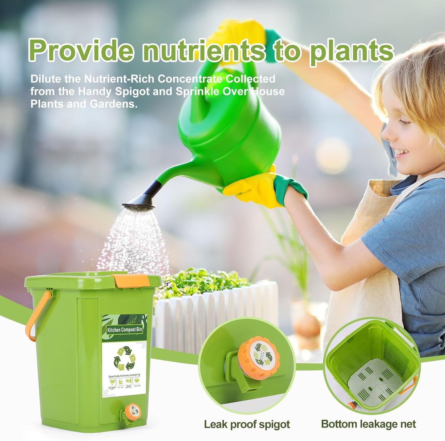 Compost Bin Outdoor, 21 L Garden Composting Bin Bags, Breathable Screen Window Reusable Garden Yard Waste Bags Speed Up Composting & Reduce Odors, Indoor Small Kitchen Compost Bin with Lid, Green