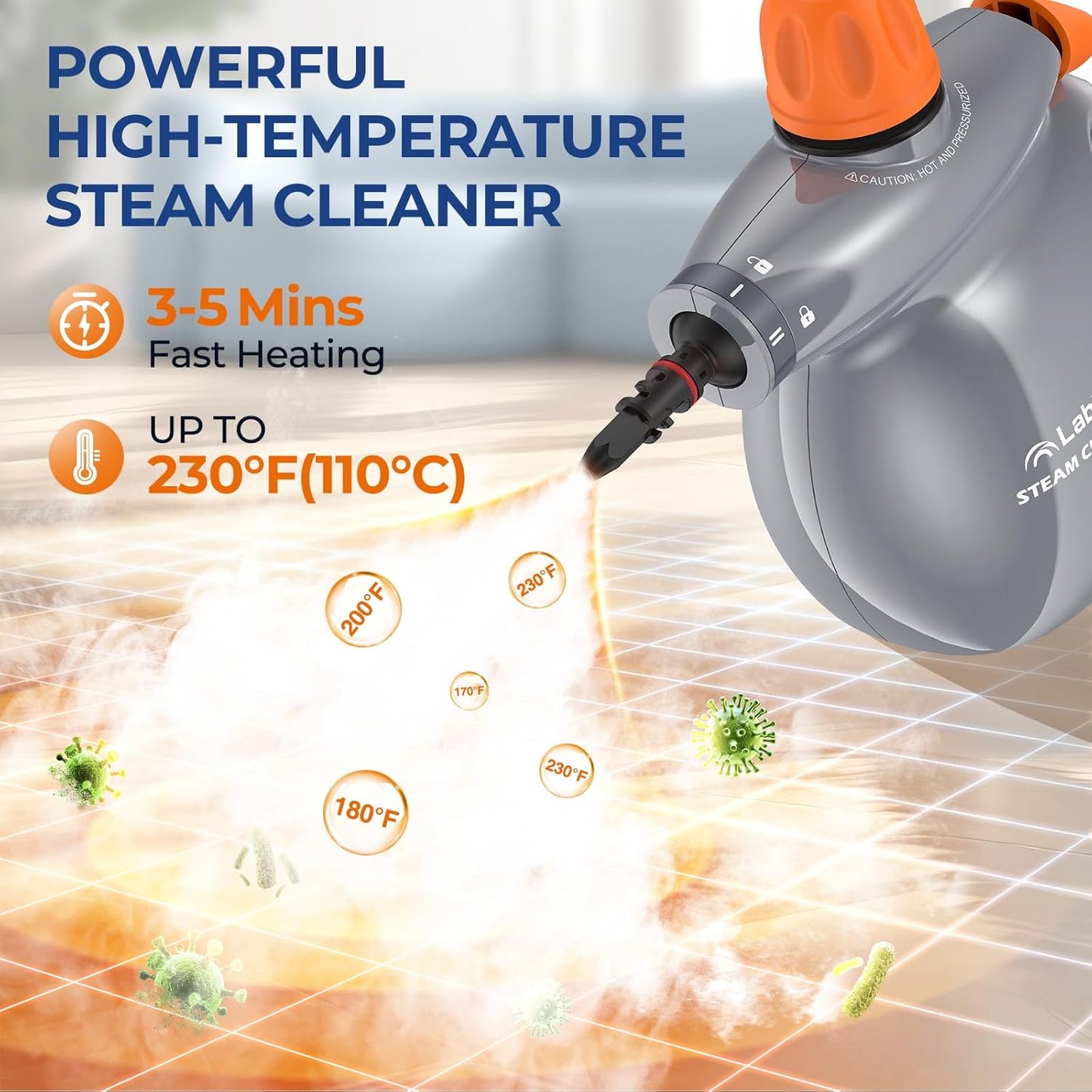 LABIGO Steam Cleaner, Pressurized Handheld 13pcs Multi-Purpose Natural Deep Cleaning Steamer, Portable Steamer for Cleaning Home, Grout, Kitchen, Car, Window, Upholstery, Bathroom and Clothes, Gray