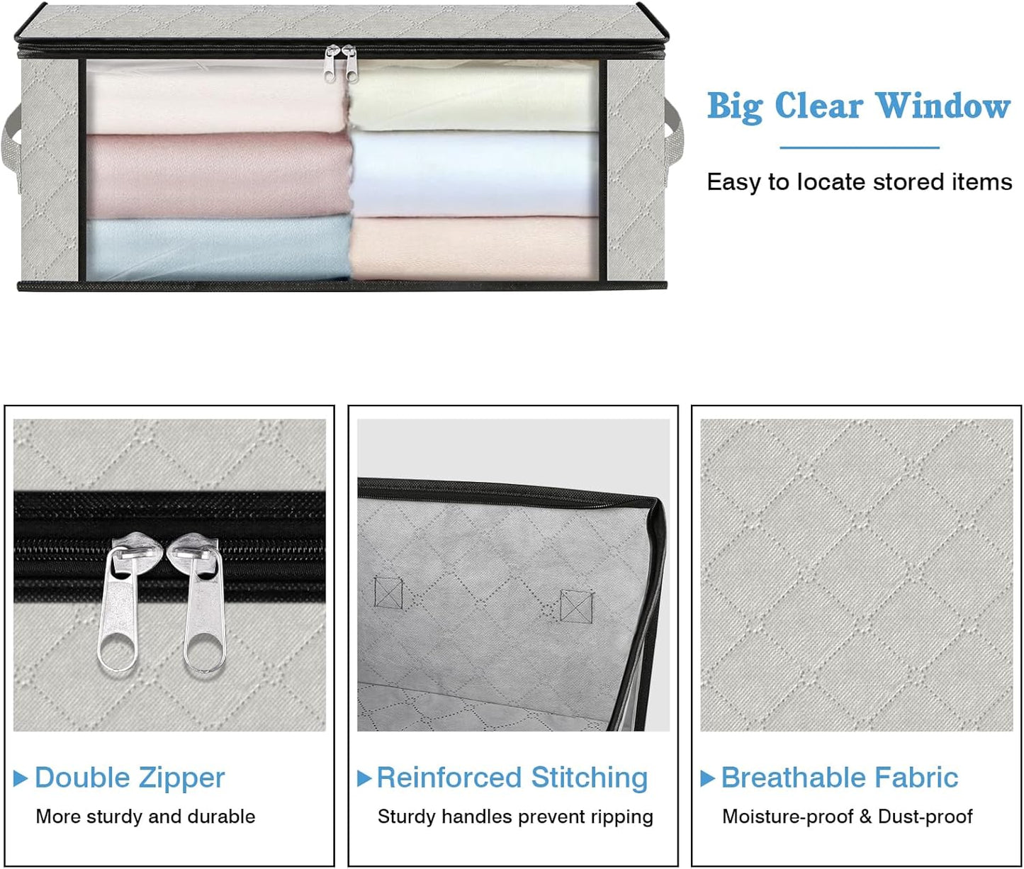 HomeHacks Storage 4-Pack Clothes Organizer Storage Bags Foldable Storage Box with Large Clear Window Sturdy Handles for Closet, Dorm, Pillows, Bedding, Clothes, Blankets, 35L, Ivory