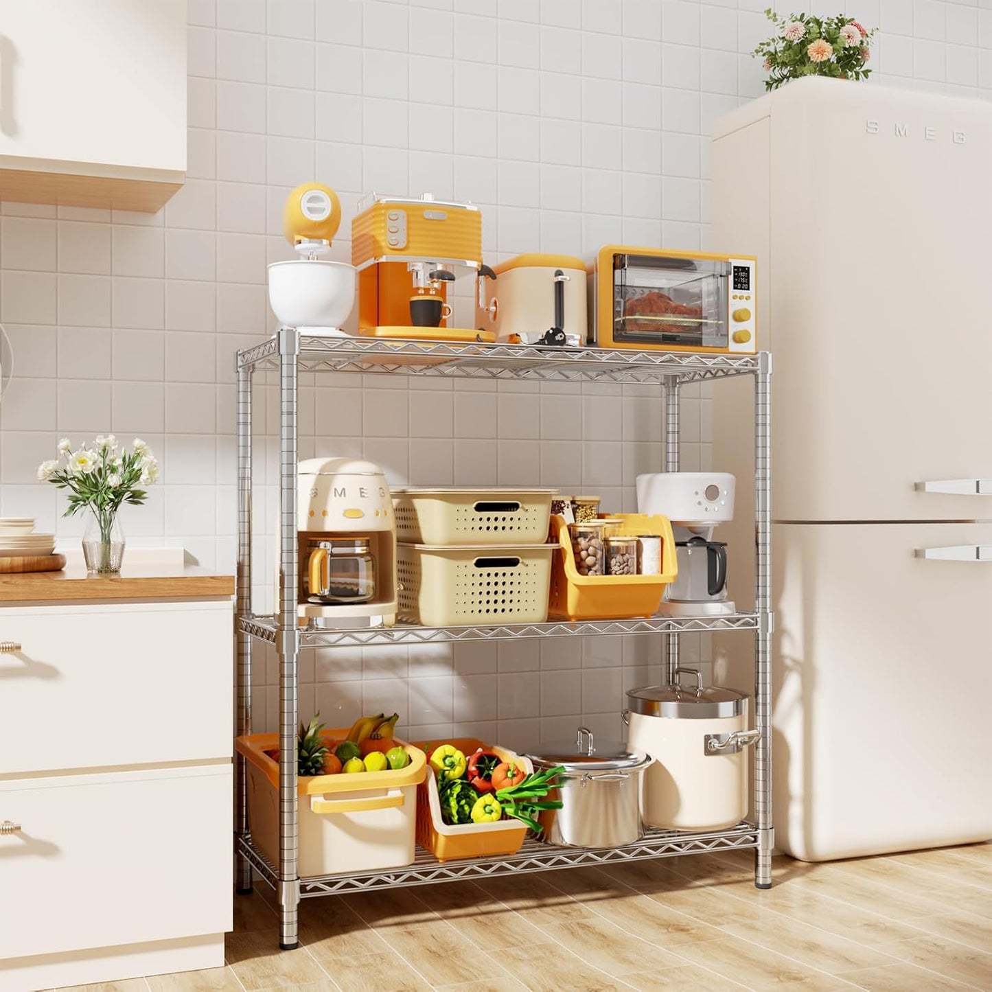 Storage Shelves, 36" L x 14" W x 36" H Heavy Duty Garage Wire Shelving Unit Loads 1050LBS, 3-Tier Adjustable Metal Industrial Utility Shelf Rack for Kitchen, Laundry Room, Basement