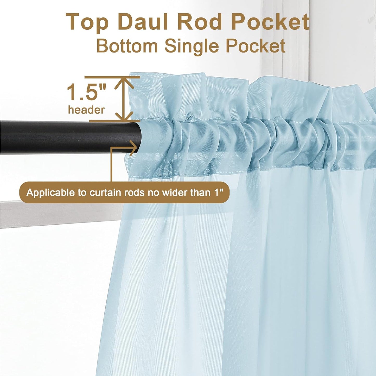 Chyhomenyc Sky Blue Sheer Curtains 30 inch Length 2 Panels, Light Filtering Voile Rod Pocket Short Window Curtians for Bathroom Living Room Farmhouse Small Windows, 42Wx30L inches