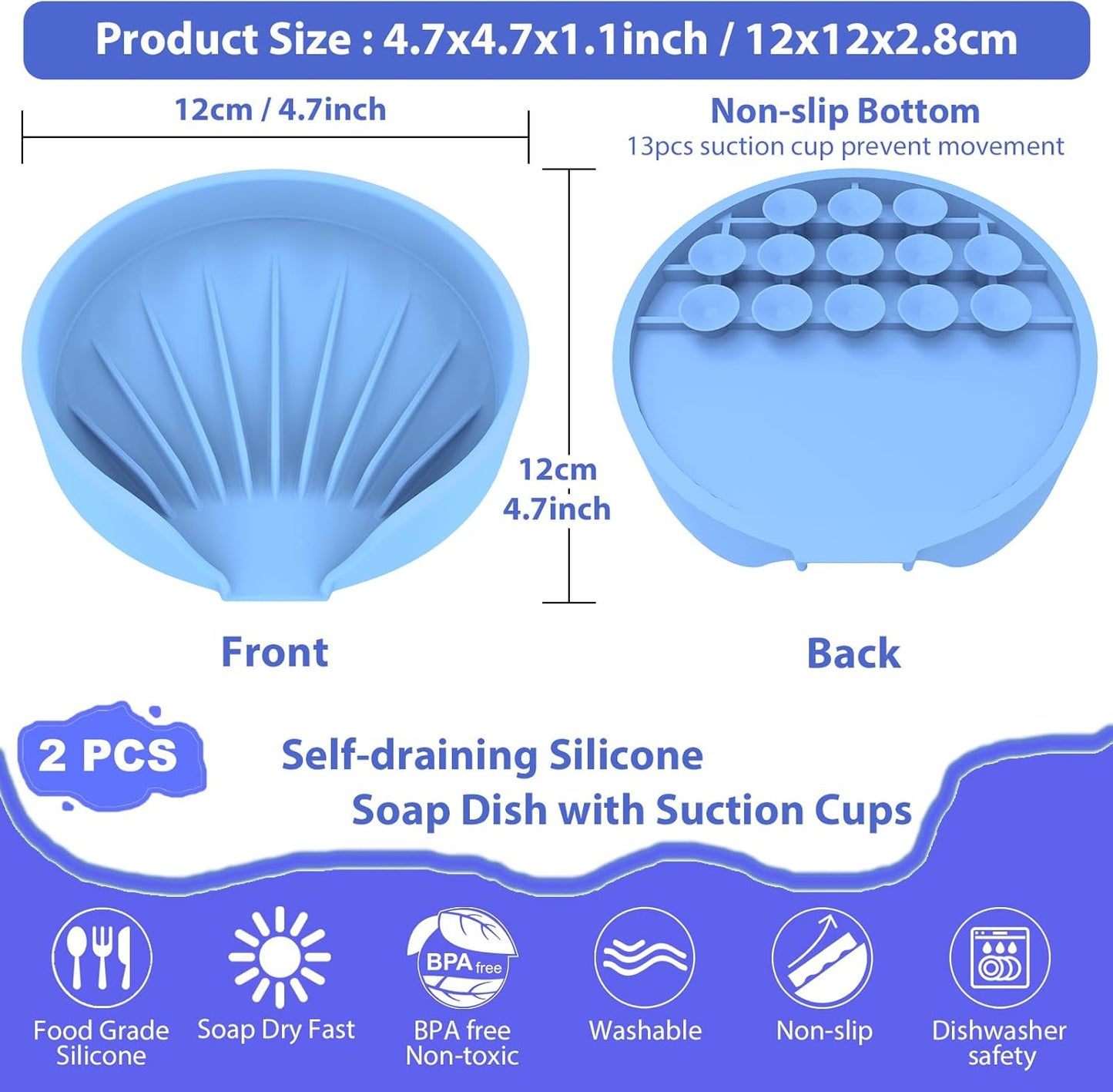 Self Draining Soap Dish, Silicone Suction Cup Soap Holder Tray Savers Container Sponge Holder for Bar Bathroom Shower Kitchen Sink, Can Extend Soap Life (1, Sky)