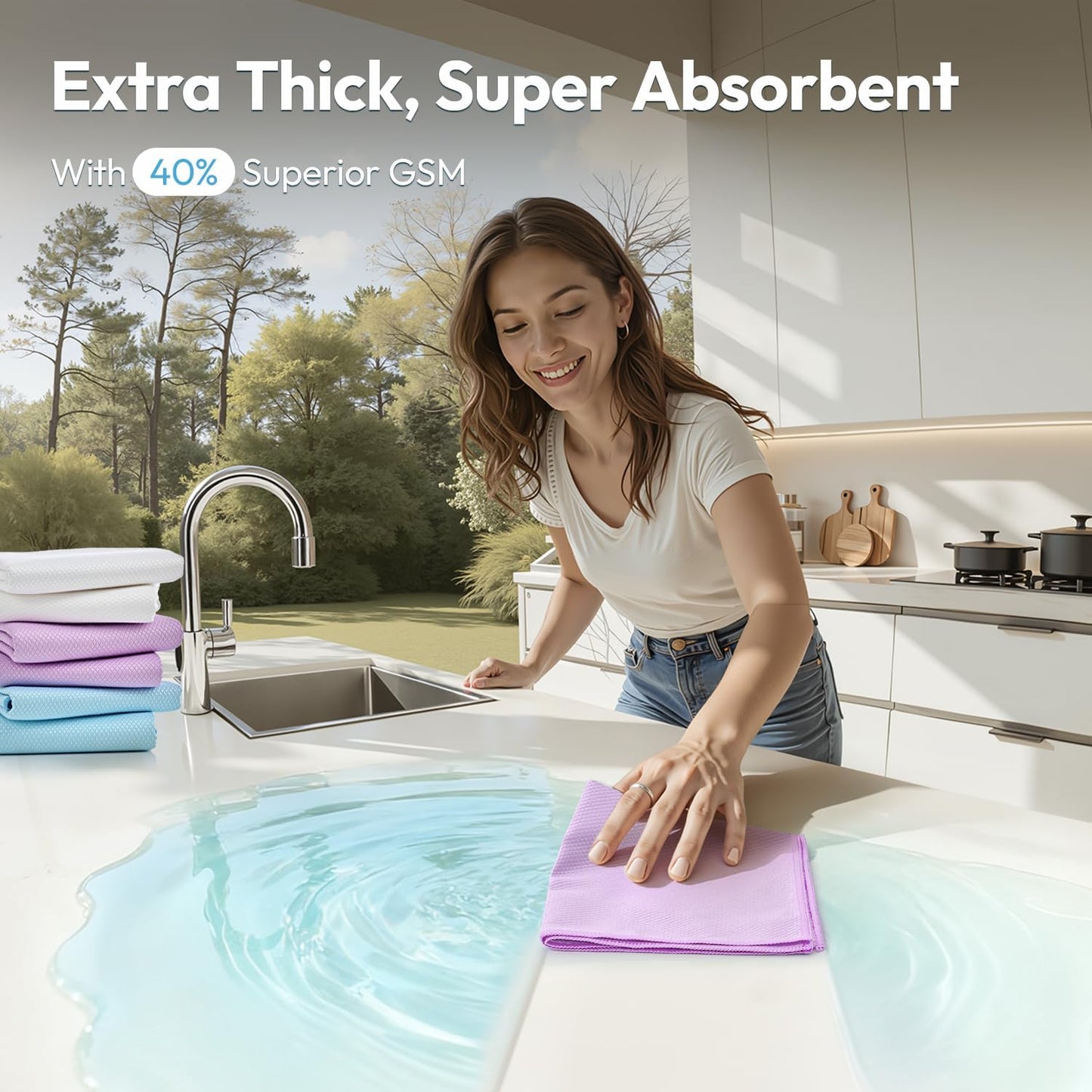 Nanoscale Microfiber Cloths 15.55”x 15.55”, Glass Window Mirror Stainless Steel Car Cleaning, Streak-Free, Lint-Free, Super Thick & Absorbent, Reusable, 6 Pack (White/Blue/Purple)