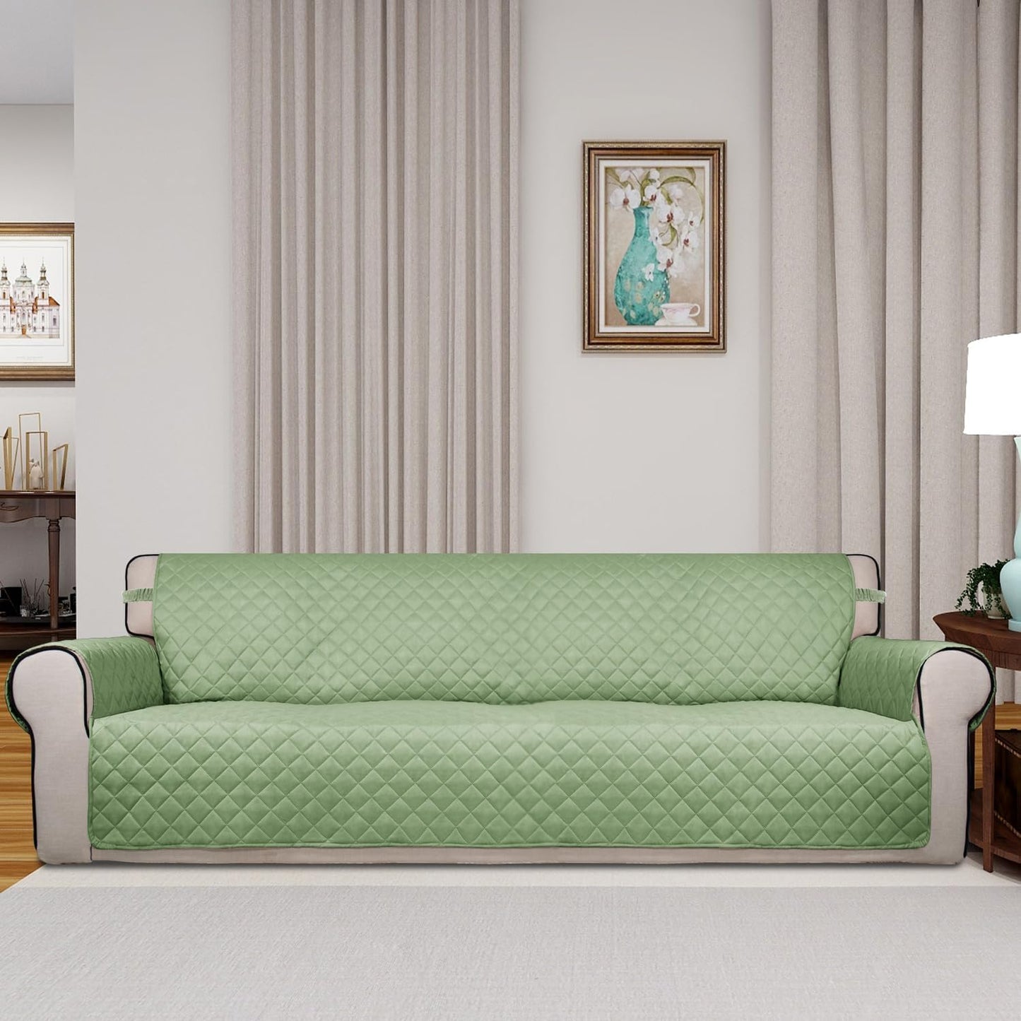 PureFit Reversible Quilted Sofa Cover, Water Resistant Slipcover Furniture Protector, Washable Couch Cover with Non Slip and Elastic Straps for Kids, Dogs, Pets (4 Seater Sofa, Sage Green/Ivory)