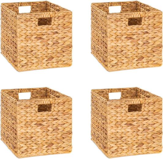 12x12x12 Storage Cube, Water Hyacinth Storage Baskets, Wicker Storage Baskets for Shelves, Woven Baskets for Storage, Square Wicker Storage Basket for Bedroom, Living Room (4 Packs 12x12in)