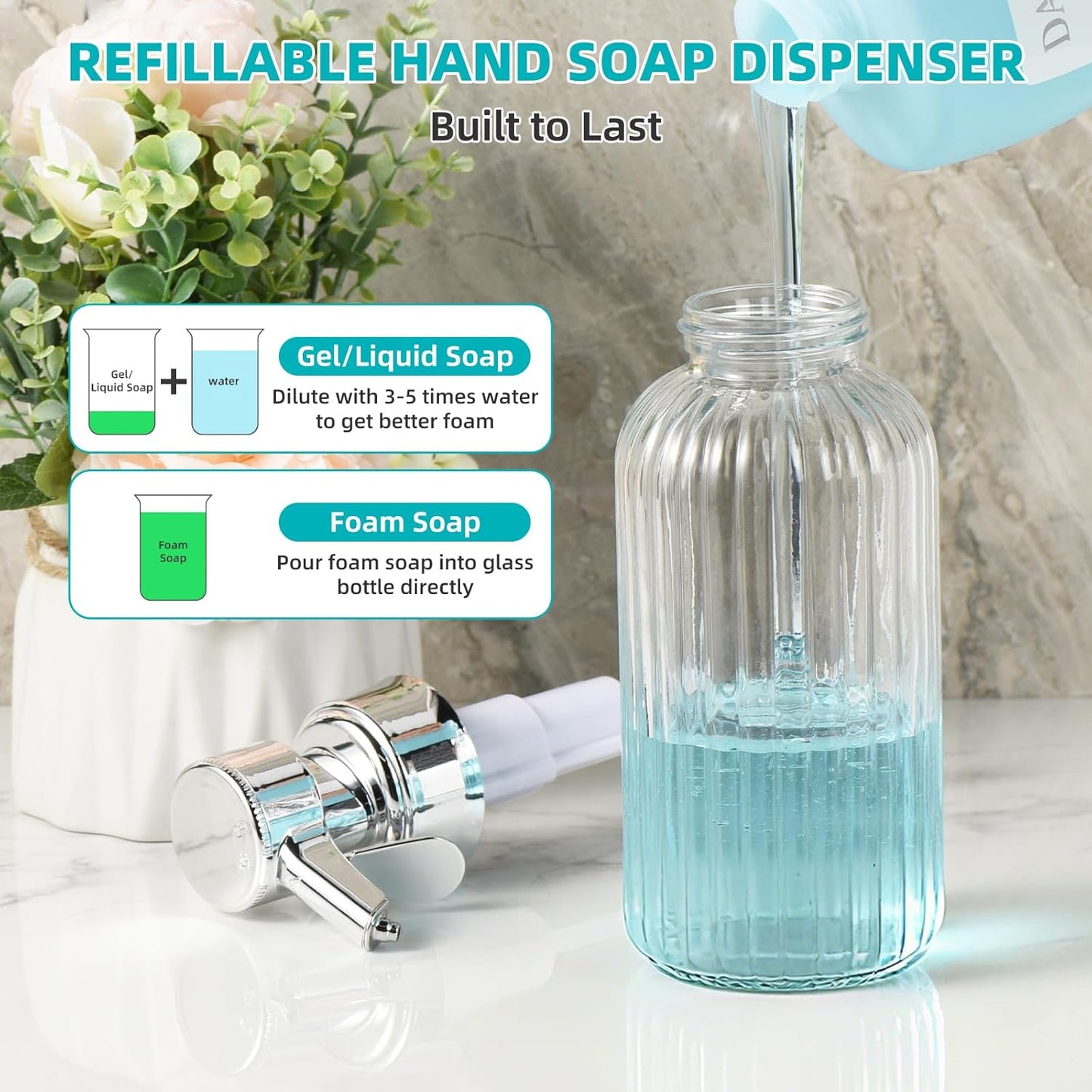 Automatic Foaming Soap Dispenser, 17oz Clear Glass Hand Soap Dispenser with ABS Touch Sensor Pump Battery Operated, Dish/Hand Soap Refillable for Bathroom Kitchen (Silver)