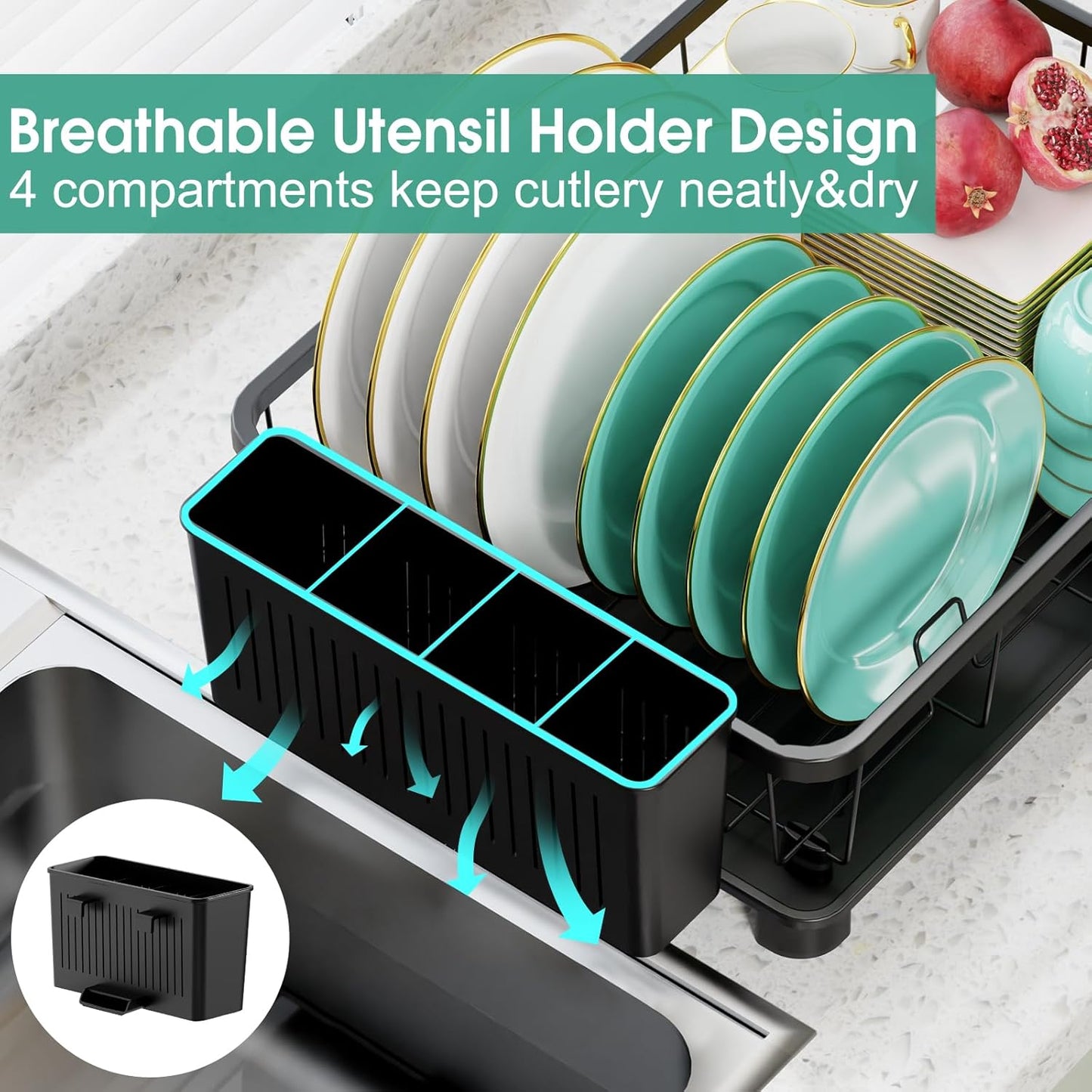 Dish Drying Rack - Space-Saving Dish Rack,Dish Racks for Kitchen Counter with Drainboard, Rustproof Dish Drainer with a Removable 4-Compartment Utensil Holder,Black