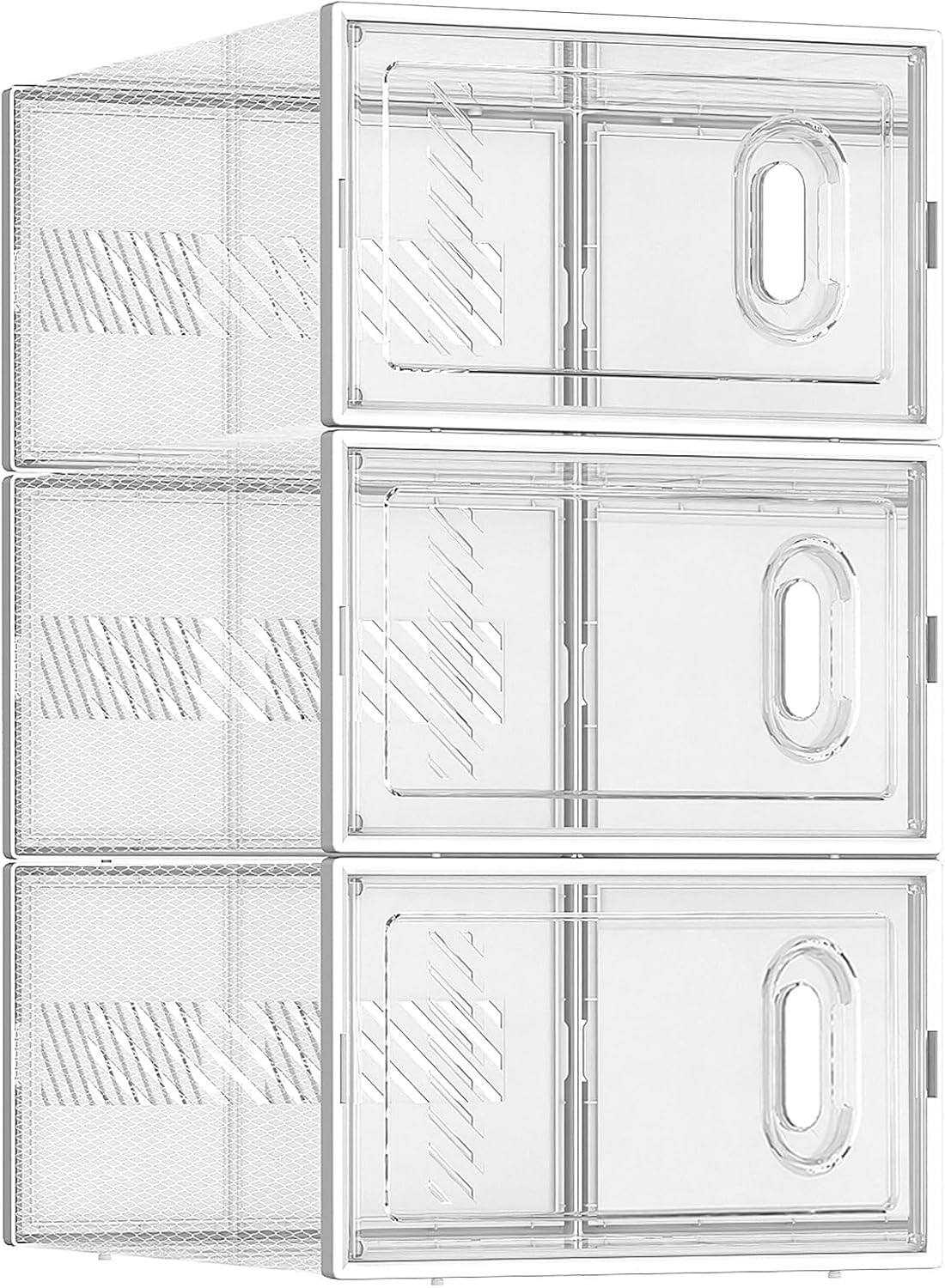 BALEINE 3 Pack Stackable Shoe Storage Boxes Fit Size 11, Thickened Clear Shoe Box Bins with Lids, Plastic Foldable Shoe Rack Organizer Sneaker Storage Containers (X-Large, White)